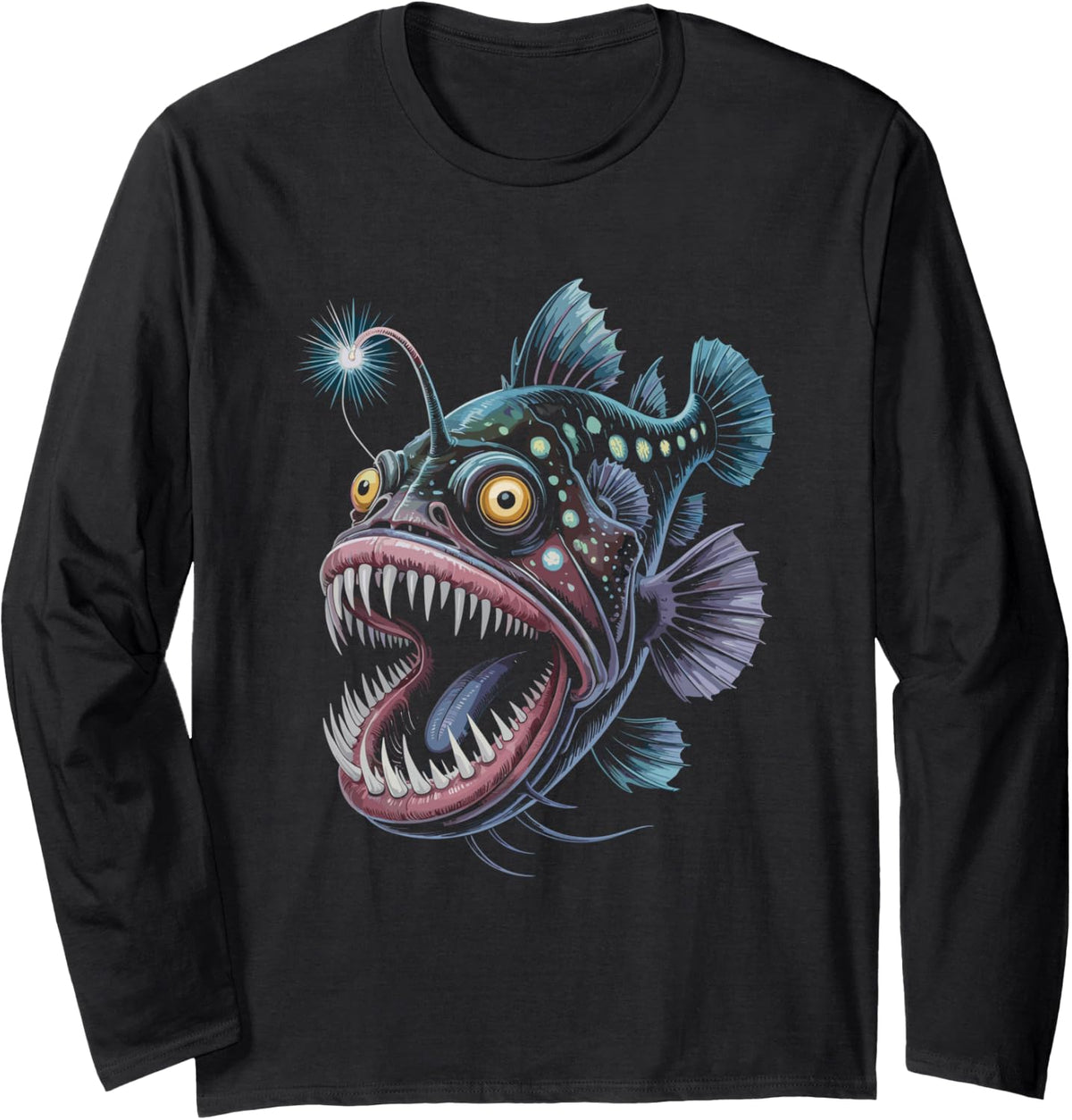 Funny Anglerfish with Lure Light Ocean Creature Long Sleeve T-Shirt - Adult Unisex Black