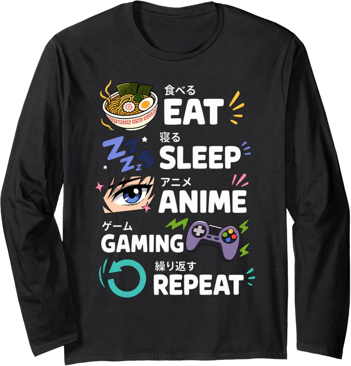 Ramen Bowl Sleep Anime Gaming Design Long Sleeve T-Shirt - Adult Unisex Black