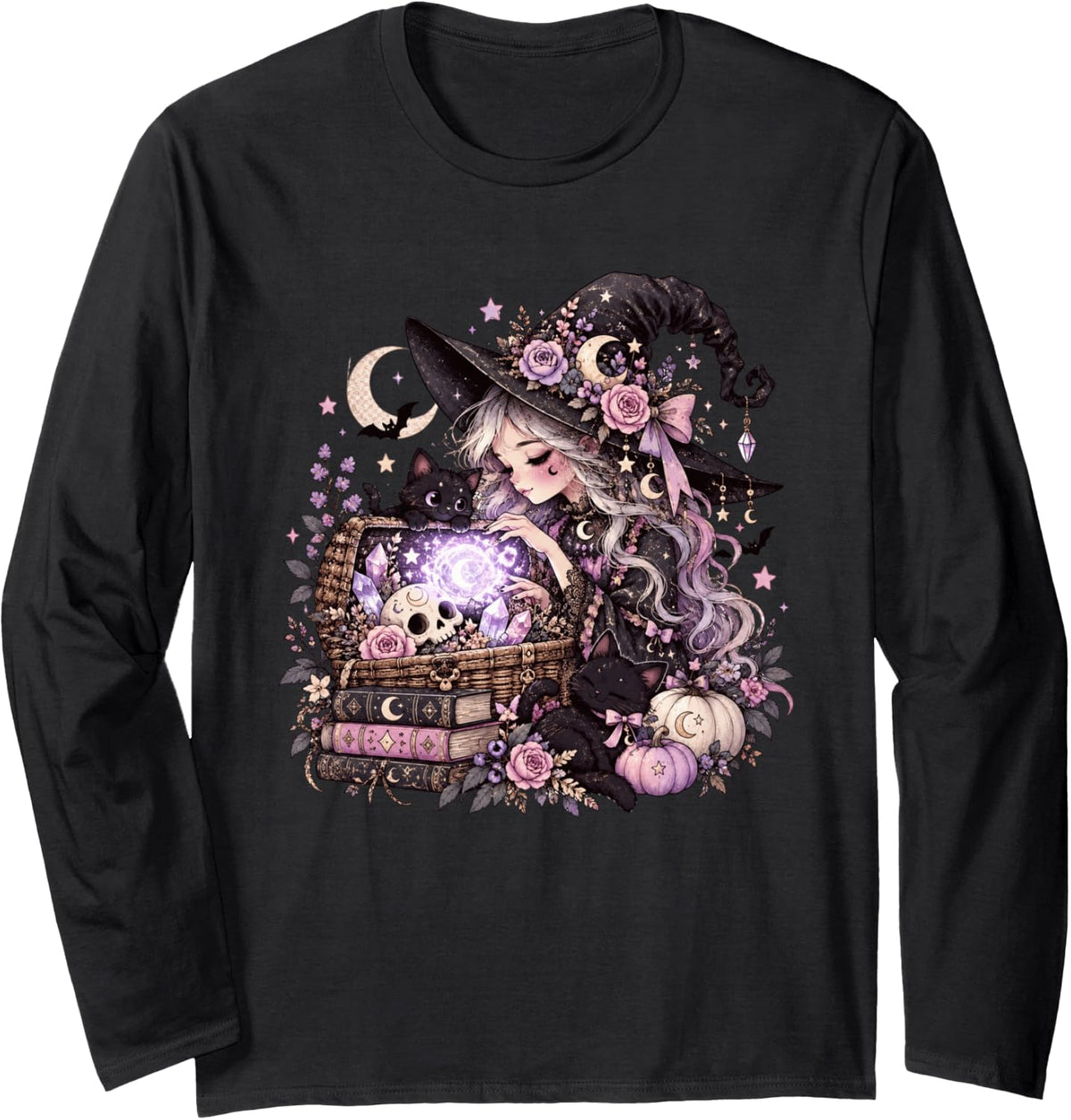 Alternative Cute Pastel Goth Witch Black Cat Witchcore Long Sleeve T-Shirt - Adult Unisex Black