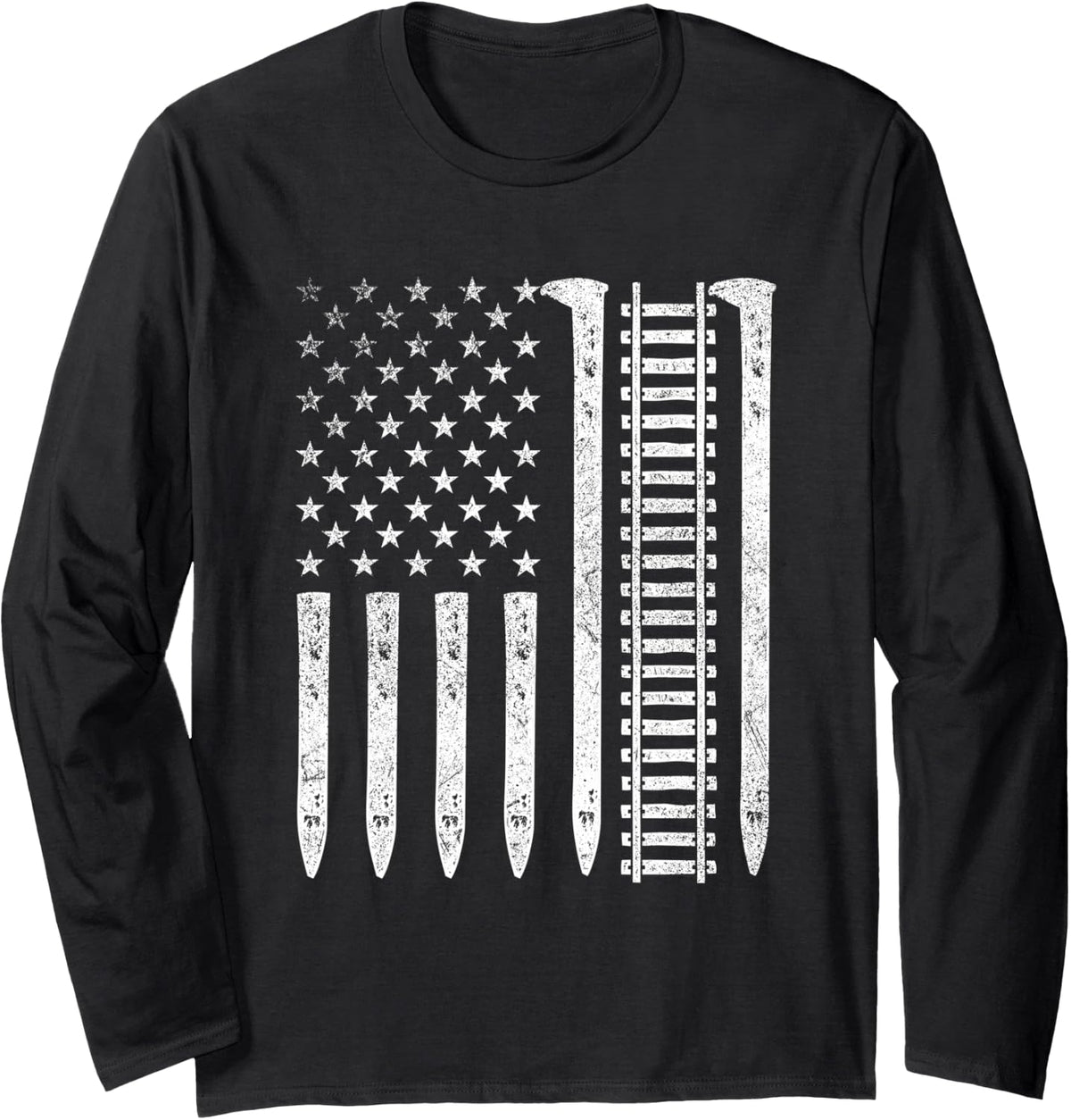 Railroad Spike US Flag - Train Lover Railroad Steam Engine Long Sleeve T-Shirt - Adult Unisex Black