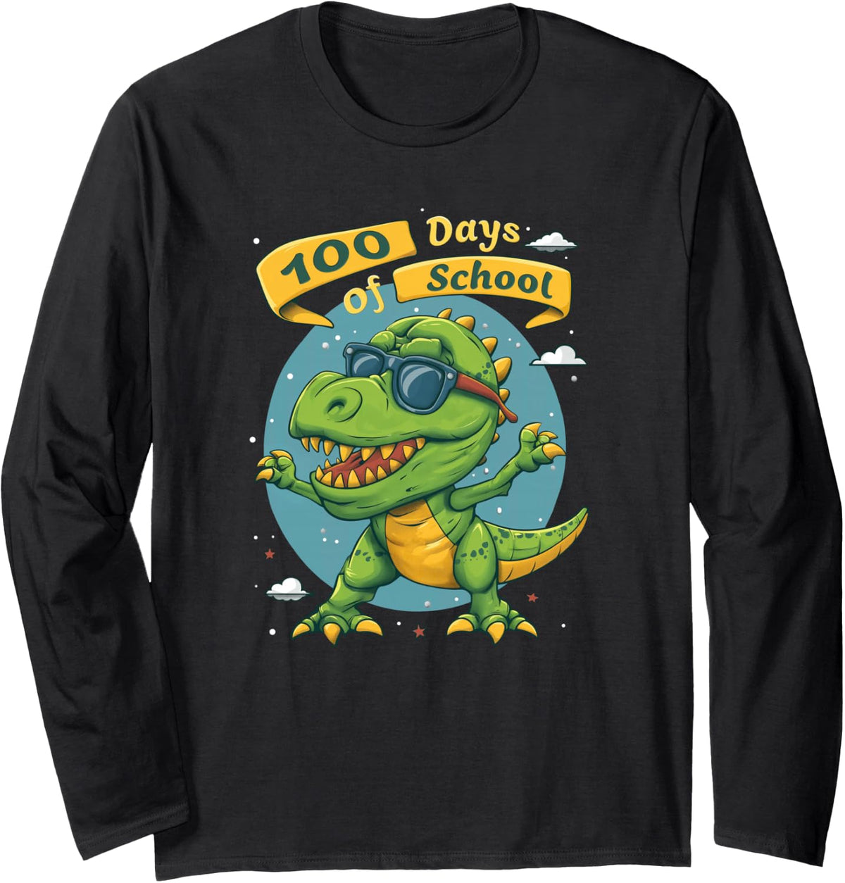 100 Days of School Dinosaur T-Rex Boys Kids Teacher Long Sleeve T-Shirt - Adult Unisex Black