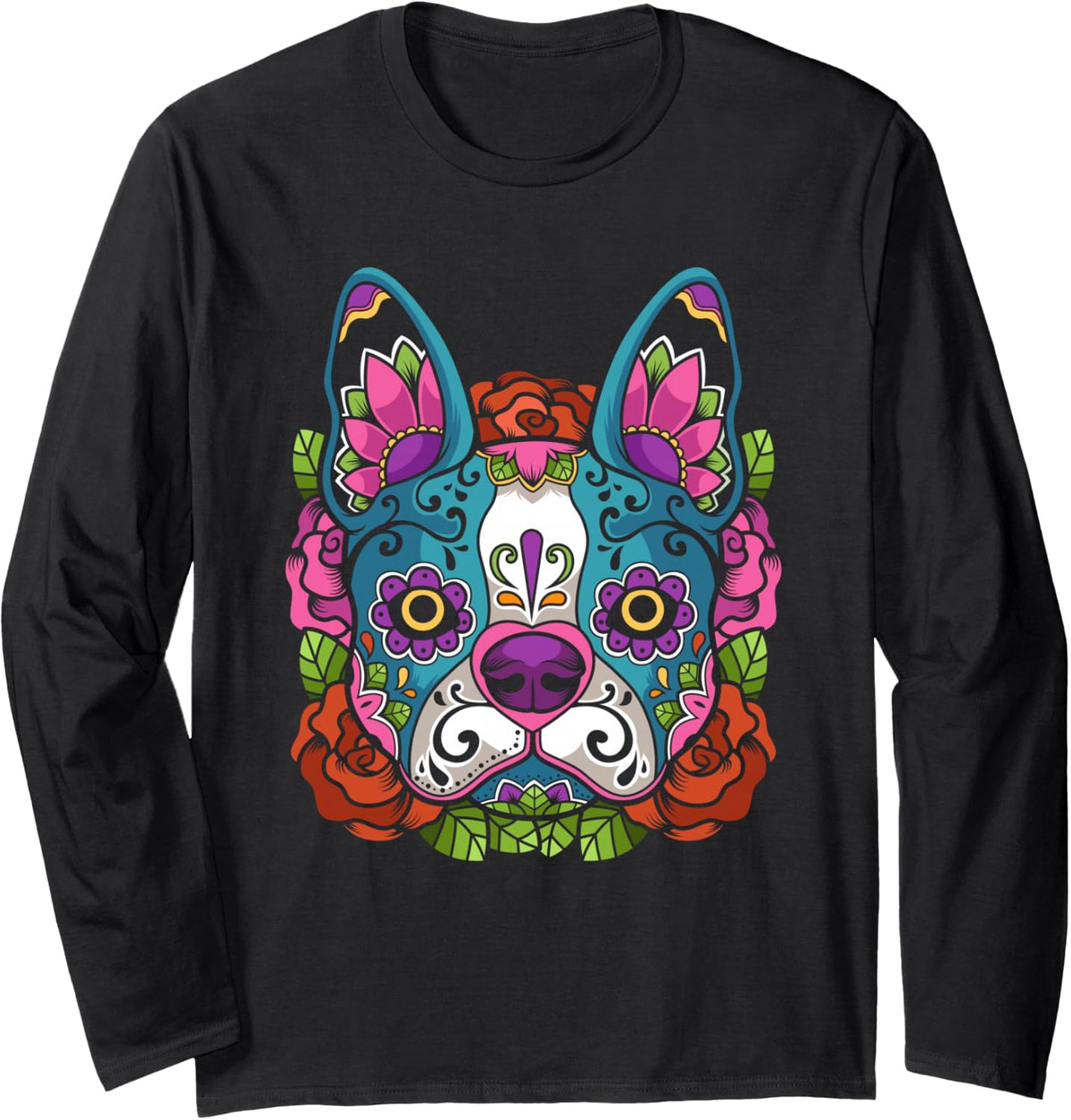 Boston Terrier Sugar Skull Dog Calavera Dia De Los Muertos Long Sleeve T-Shirt - Adult Unisex Black
