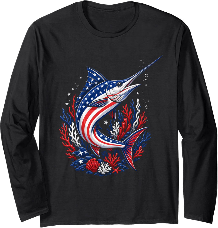 Patriotic Marlin American Angler USA Saltwater Fishing Long Sleeve T-Shirt - Adult Unisex Black