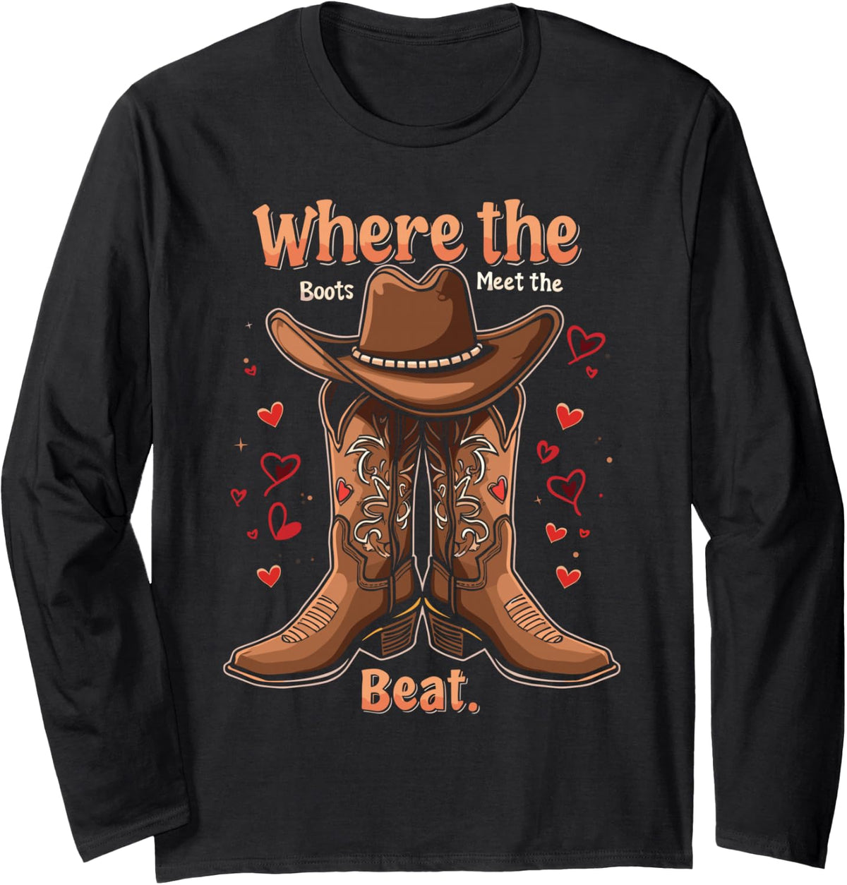 Where The Boots Meet The Beat Line Dancing Long Sleeve T-Shirt - Adult Unisex Black