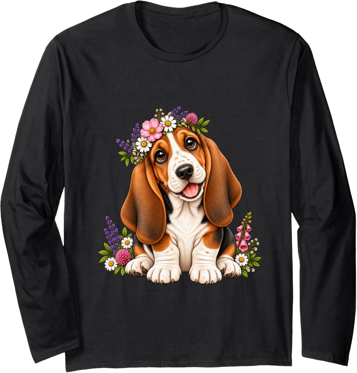 Basset Hound Cute Floral Puppy Crown Flowers Long Sleeve T-Shirt - Adult Unisex Black