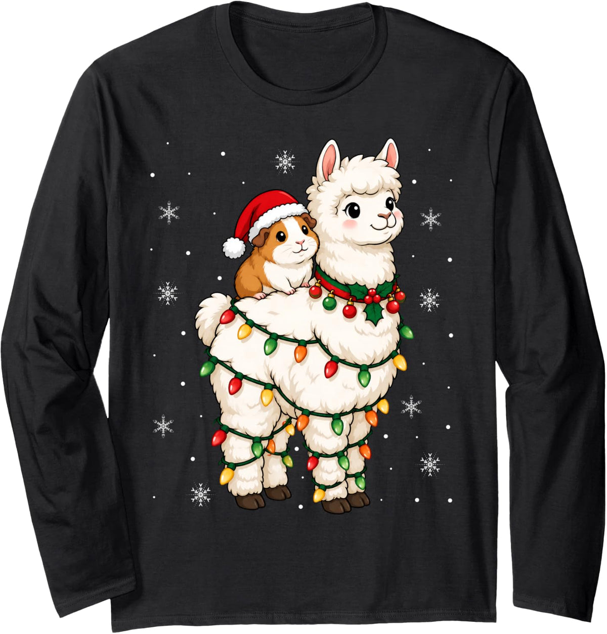 Festive Santa Guinea Pig Alpaca Christmas Lights Holiday Long Sleeve T-Shirt - Adult Unisex Black