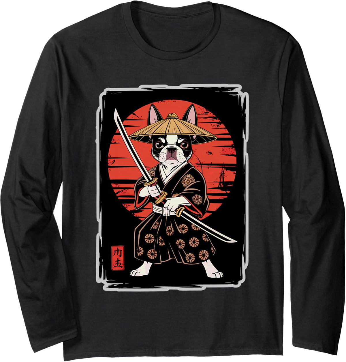 Boston Terrier Samurai Ninja Vintage Anime Japanese Ukiyo-e Long Sleeve T-Shirt - Adult Unisex Black
