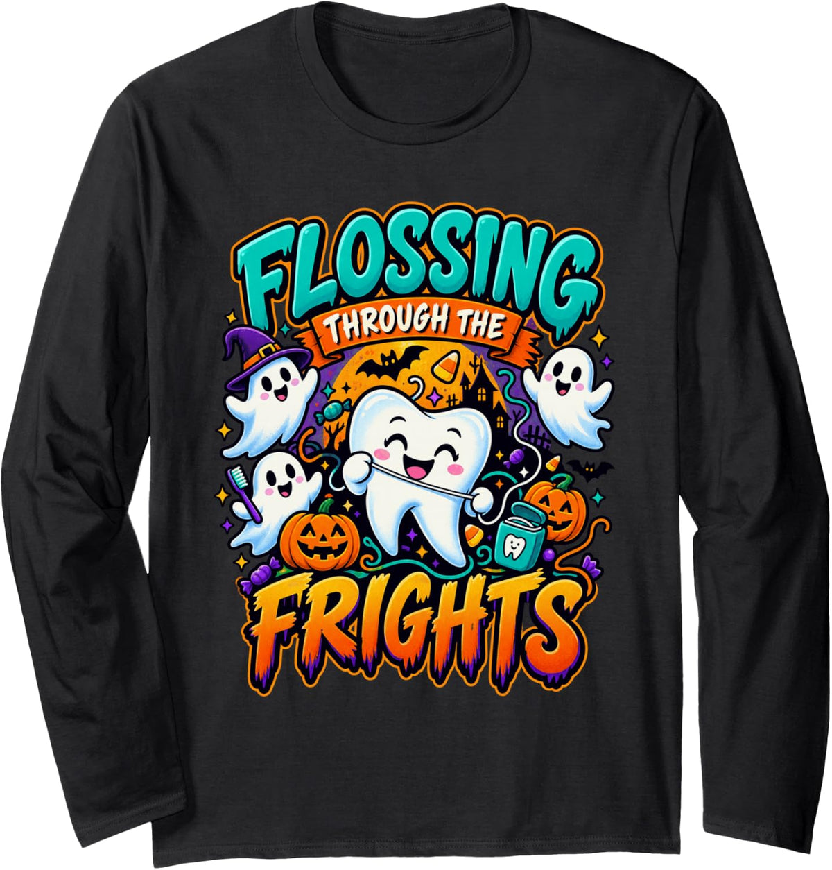 Flossing Through The Frights Halloween Dental Long Sleeve T-Shirt - Adult Unisex Black