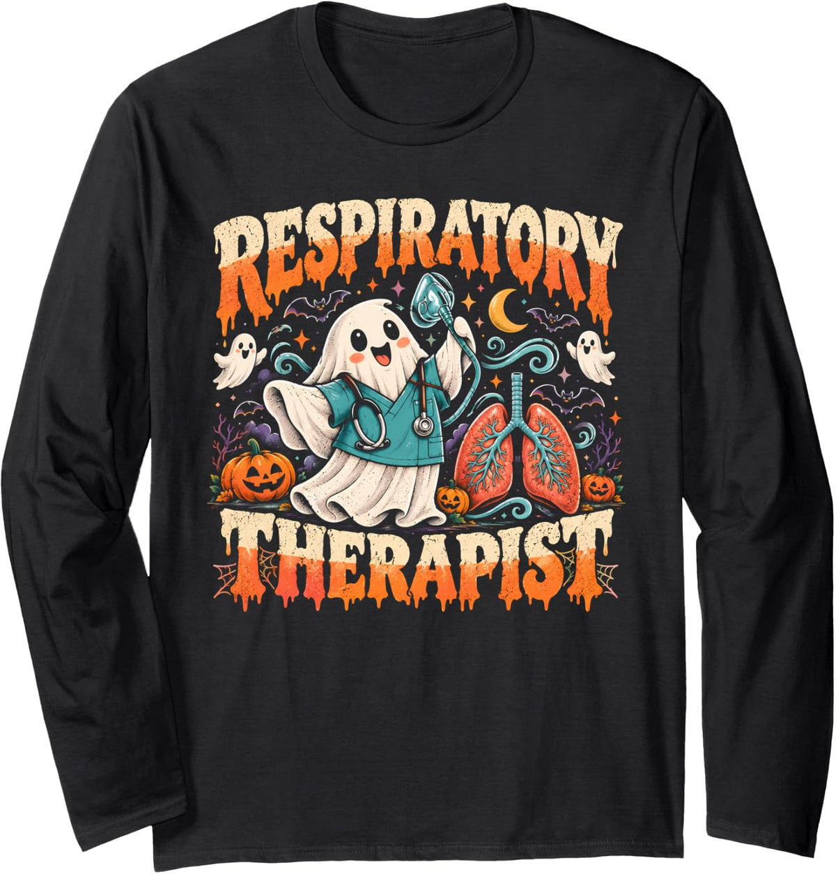 Respiratory Therapist Funny Ghost Lung Care Long Sleeve T-Shirt - Adult Unisex Black