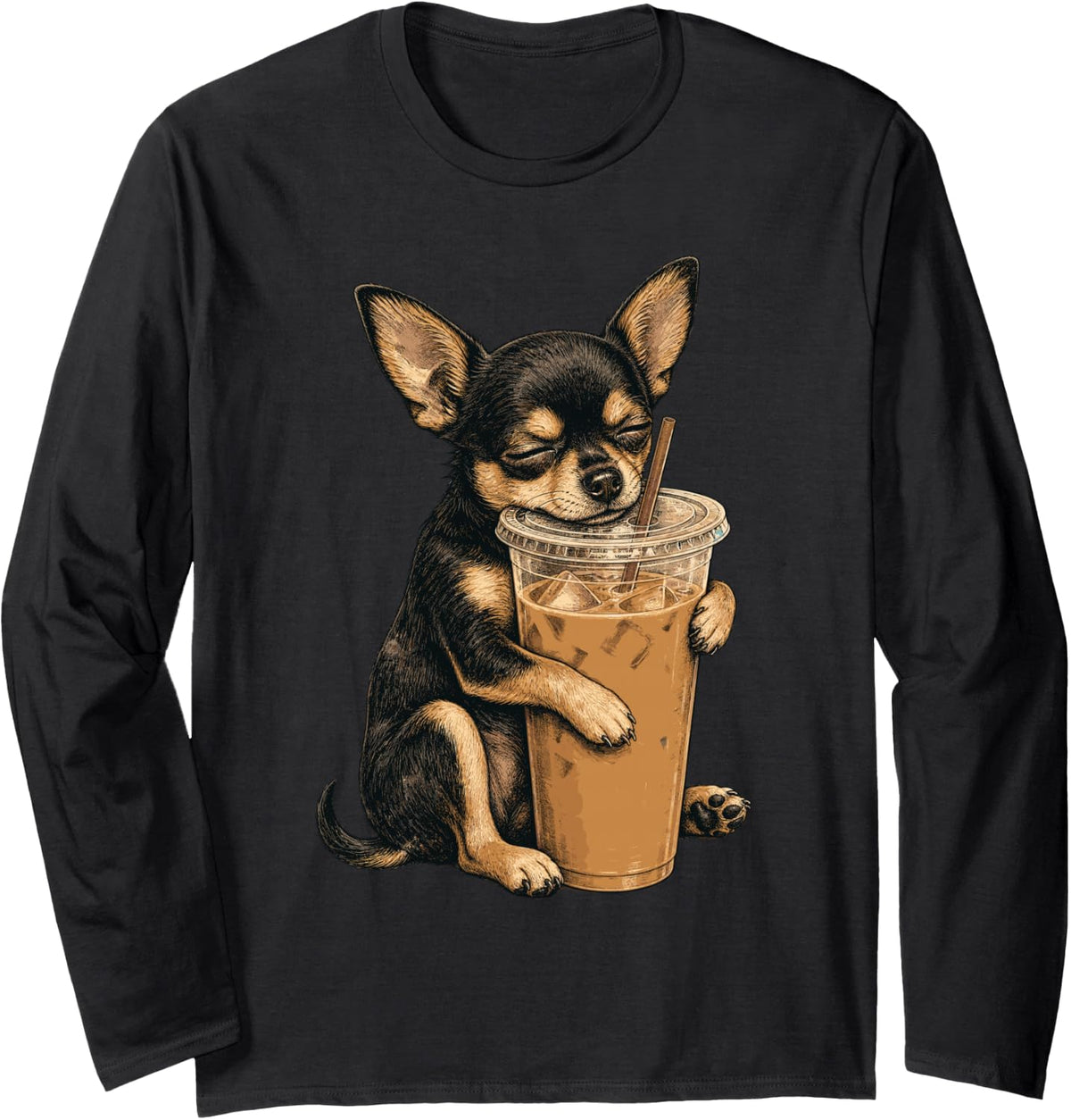 Chihuahua Iced Coffee Long Sleeve T-Shirt - Adult Unisex Black