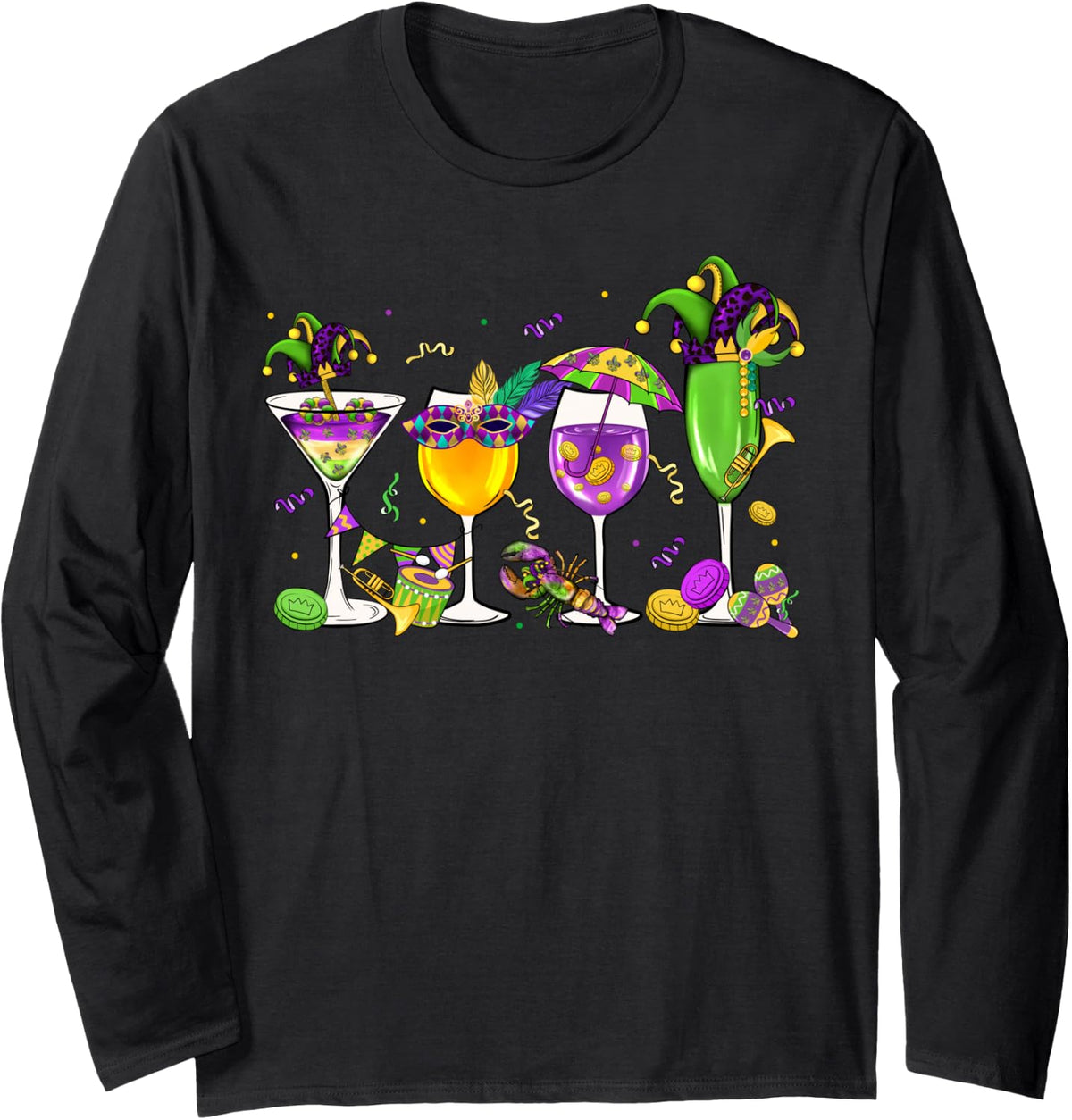 Fat Tuesday Mardi Gras Wine Glasses Drink Carnival Men Women Long Sleeve T-Shirt - Adult Unisex Black