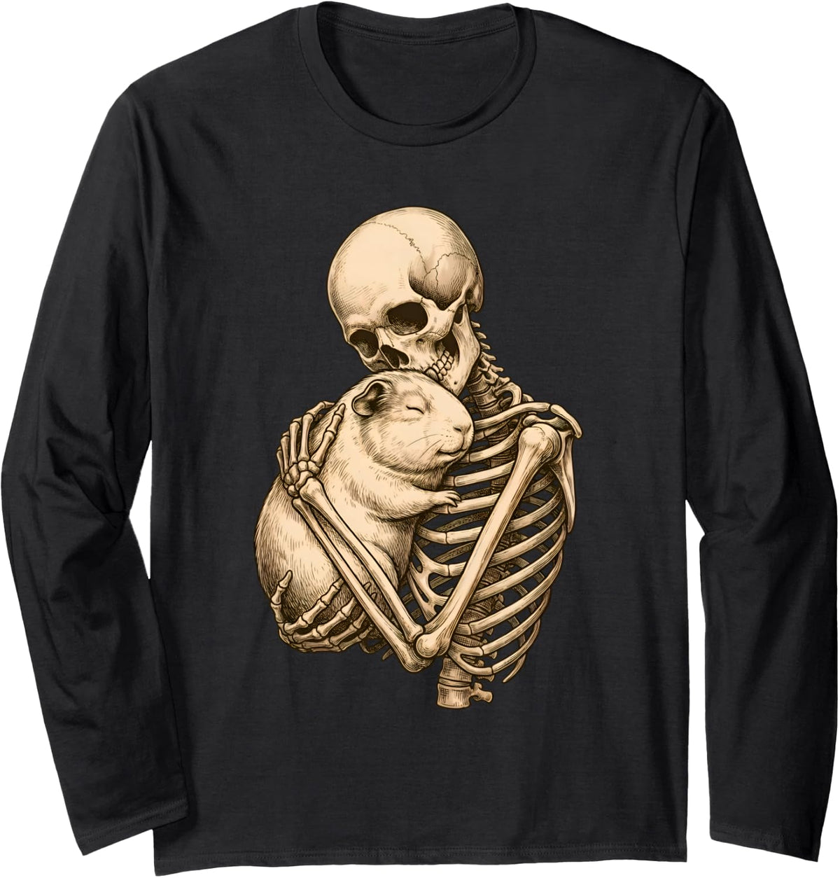 Skeleton Hugging Guinea Pig Spooky Pet Rodent Lover Cute Long Sleeve T-Shirt - Adult Unisex Black