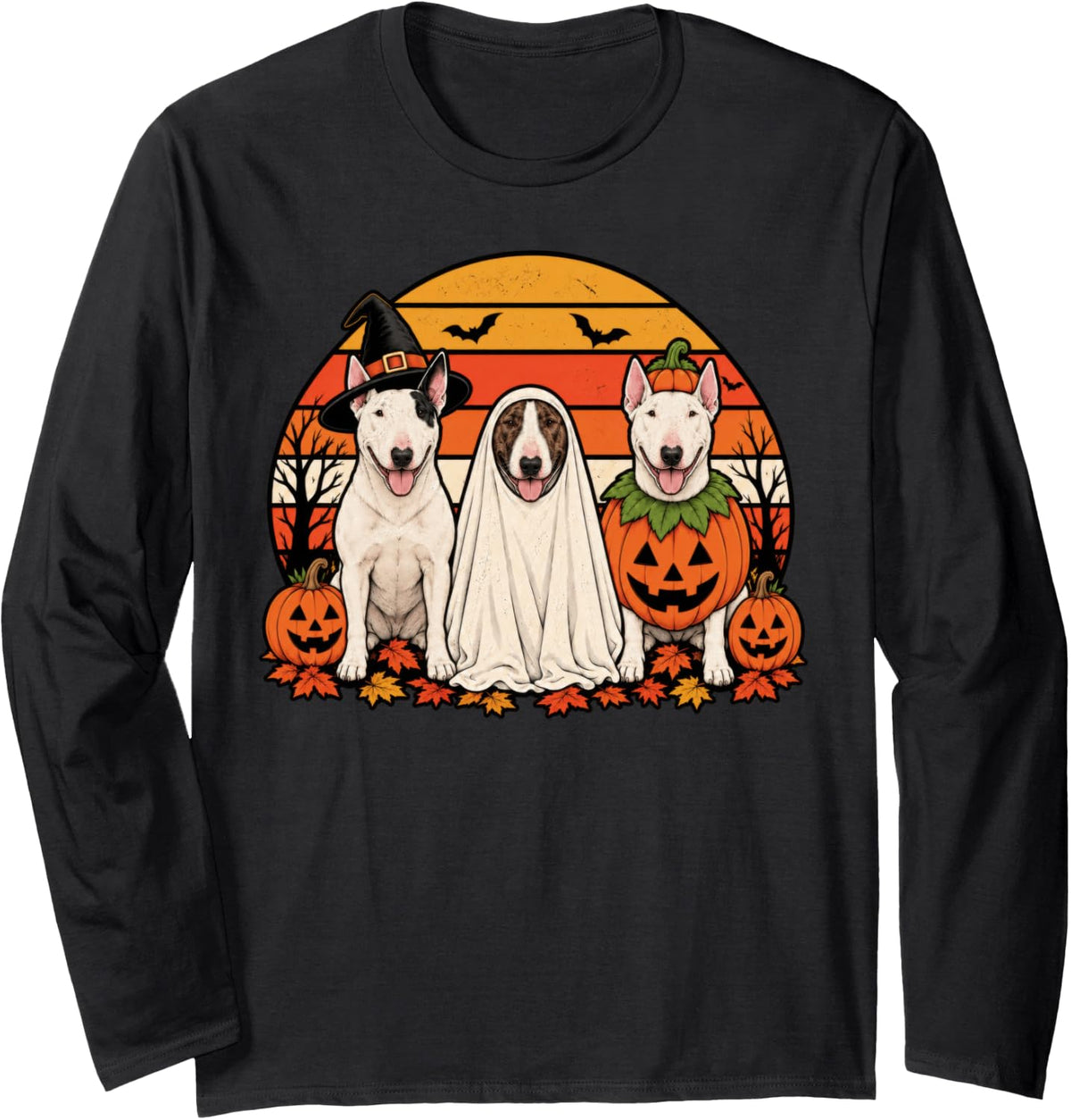 Spooky Bull Terrier Pumpkin Ghost Halloween Dog Lover Long Sleeve T-Shirt - Adult Unisex Black
