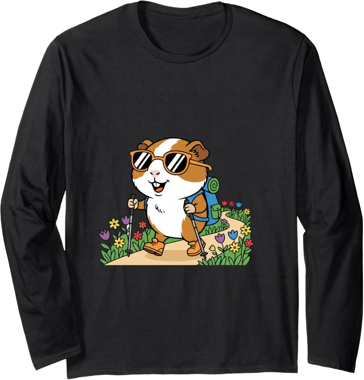 Cute Guinea Pig Hiking Camping Funny Outdoor Nature Lover Long Sleeve T-Shirt - Adult Unisex Black