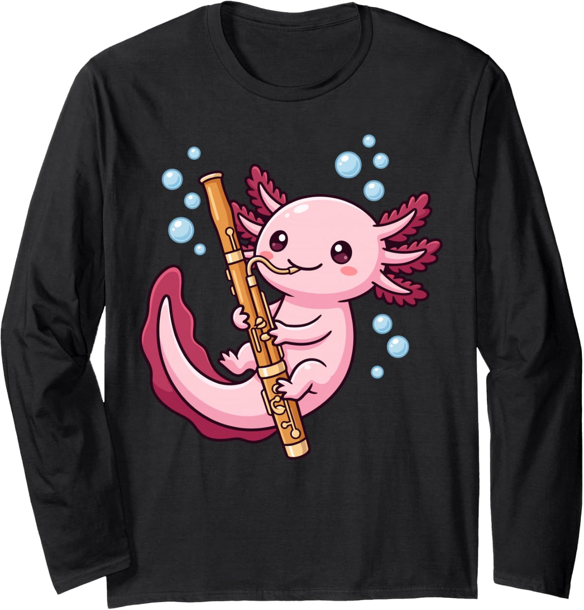 Cute Axolotl Playing Bassoon Funny Bassoonist Musician Long Sleeve T-Shirt - Adult Unisex Black