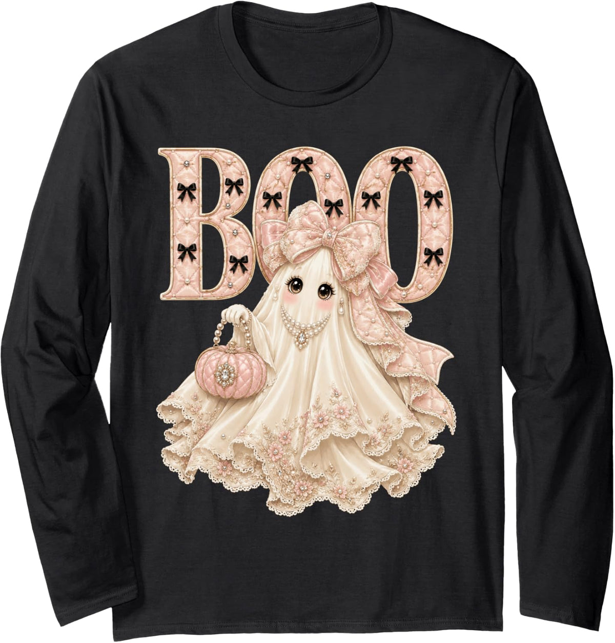 Gifts Idea Spooky Season Girls Coquette Boo Ghost Halloween Long Sleeve T-Shirt - Adult Unisex Black