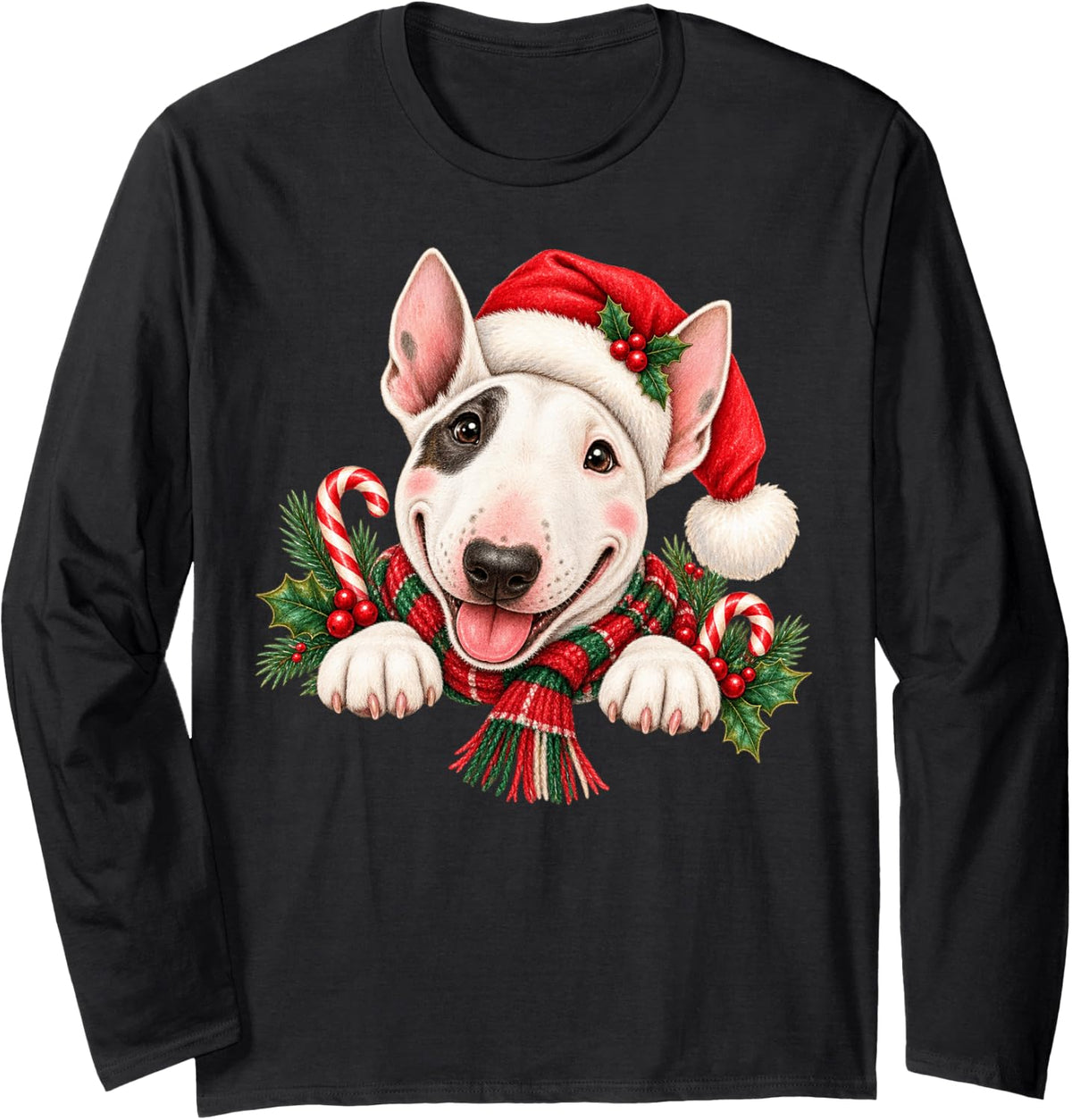 Bull Terrier Dog Christmas Santa Hat Mom Dad Long Sleeve T-Shirt - Adult Unisex Black
