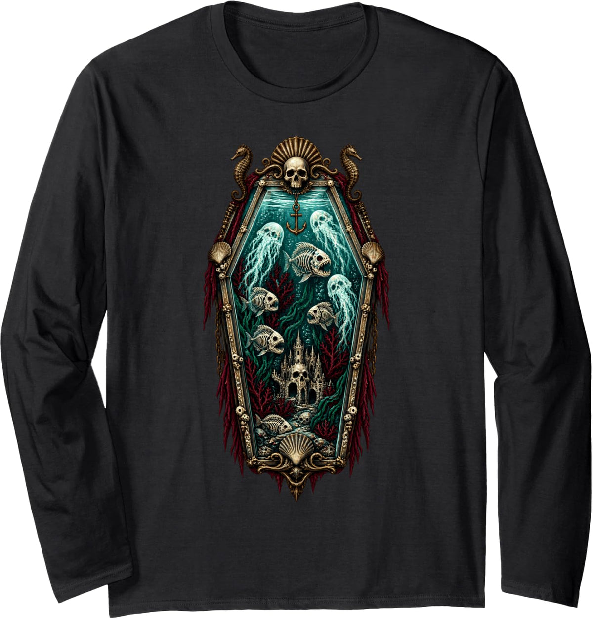 Coffin Ocean Halloween Gothic Sea Horror Long Sleeve T-Shirt - Adult Unisex Black