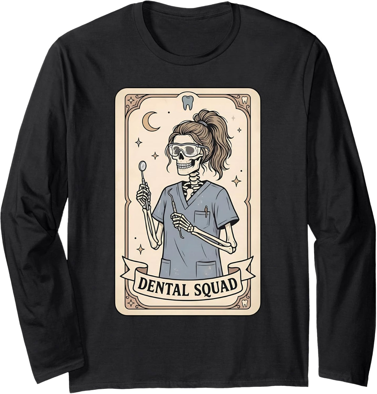 Dental Squad Tarot Card Skeleton Dental Hygienist Halloween Long Sleeve T-Shirt - Adult Unisex Black