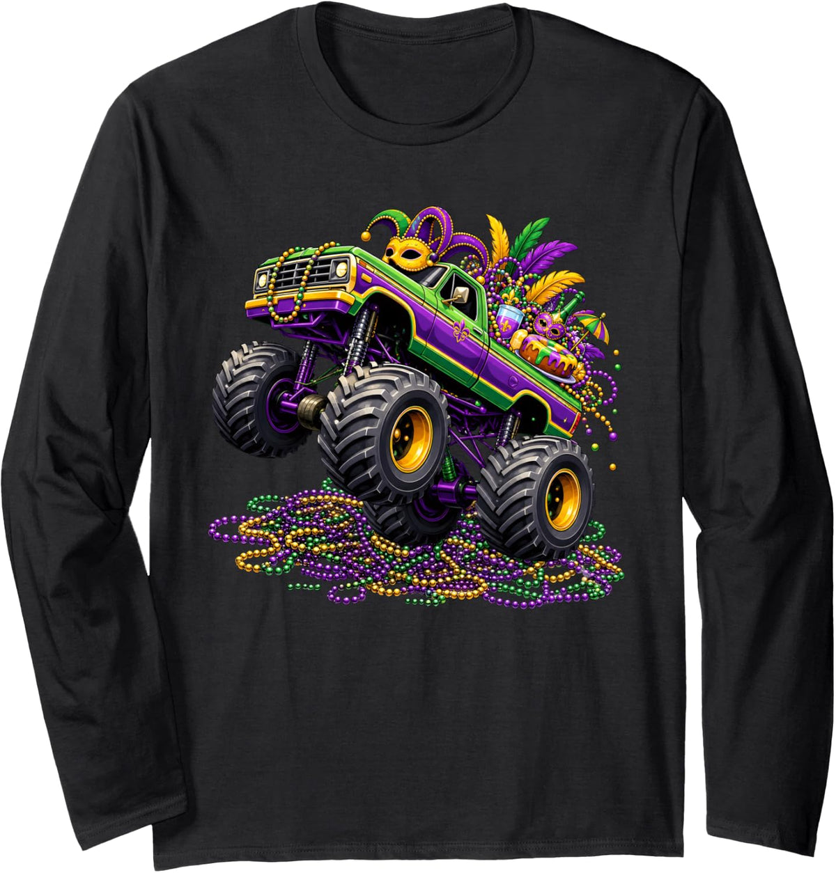 Mardi Gras Monster Truck Beads Mask Party Boy Girl Kid Long Sleeve T-Shirt - Adult Unisex Black