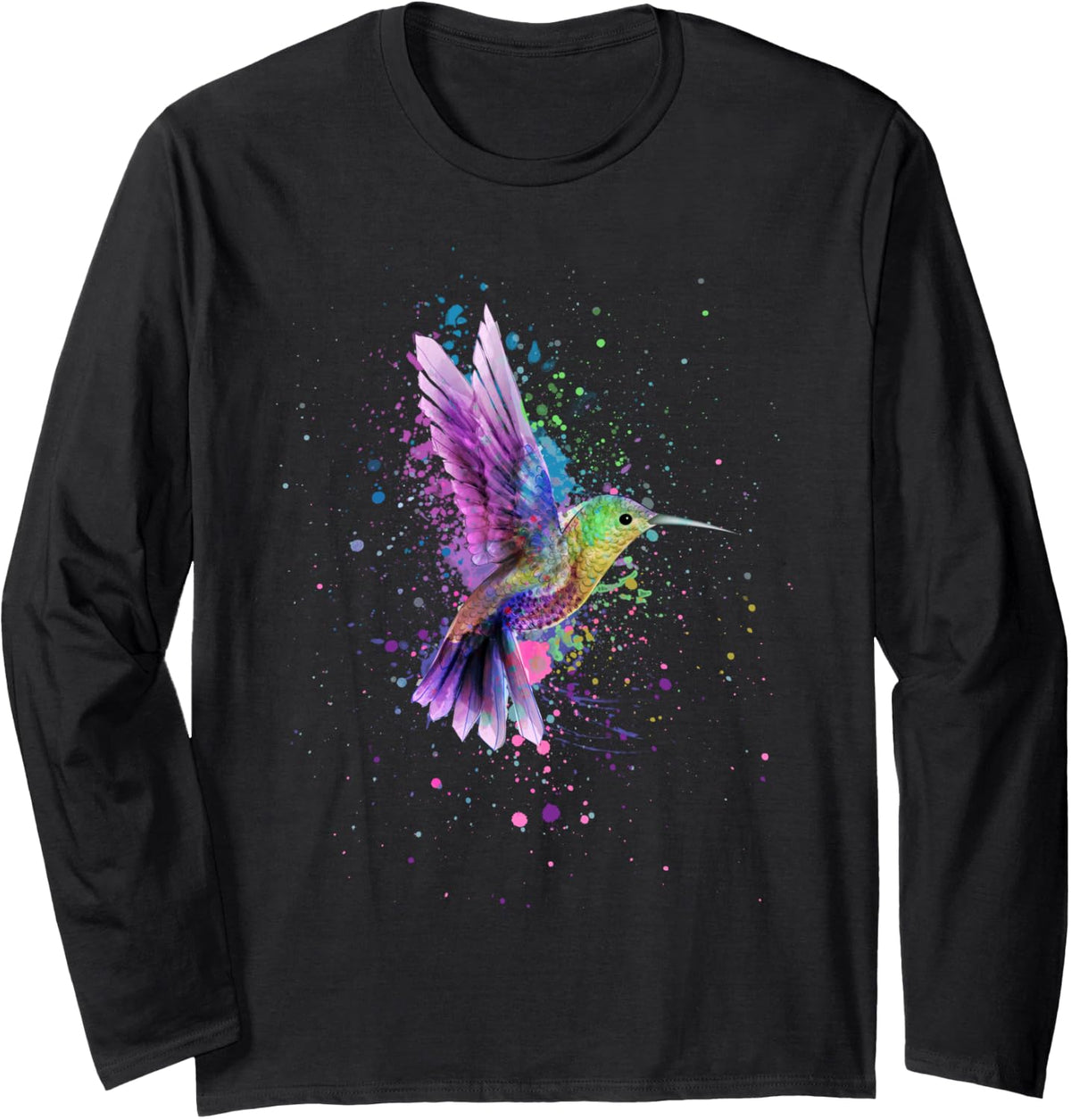Hummingbird Watercolor Art Design Long Sleeve T-Shirt - Adult Unisex Black