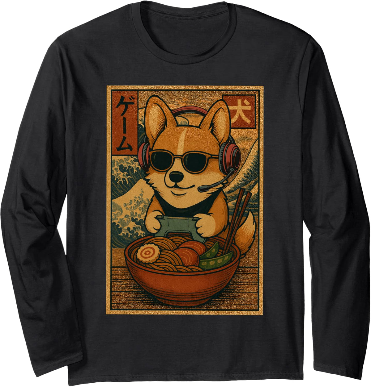 Corgi Kawaii Gamer Funny Ramen Retro Japanese Corgi Gaming Long Sleeve T-Shirt - Adult Unisex Black