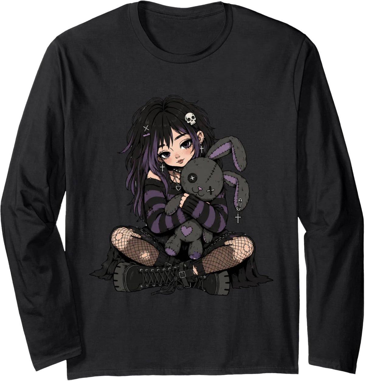 Cute Goth Girl with Stitched Bunny Emo Gothic Alternative Long Sleeve T-Shirt - Adult Unisex Black