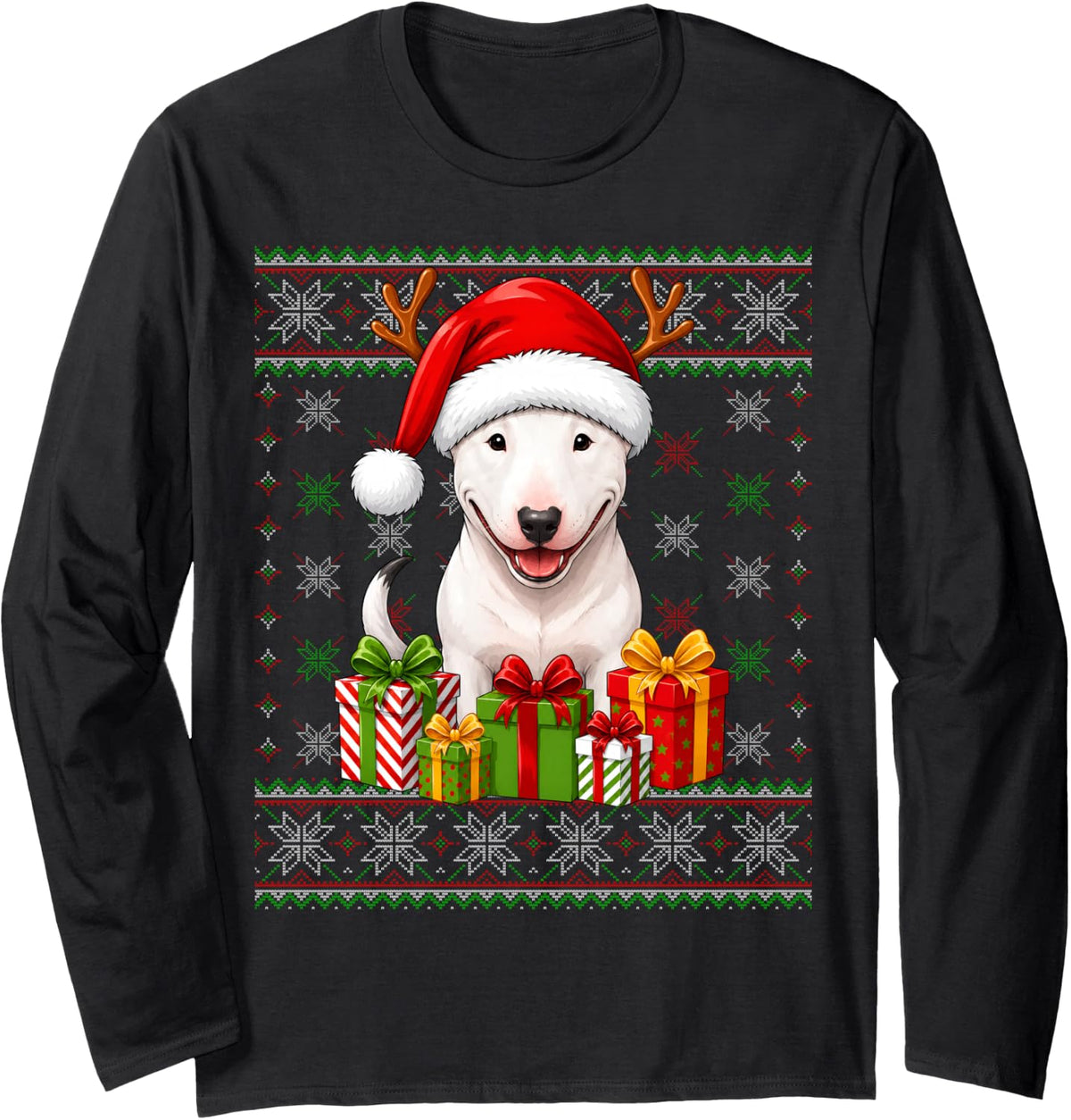Bull Terrier Dog Christmas Ugly Sweaters Festive Pet Xmas Long Sleeve T-Shirt - Adult Unisex Black