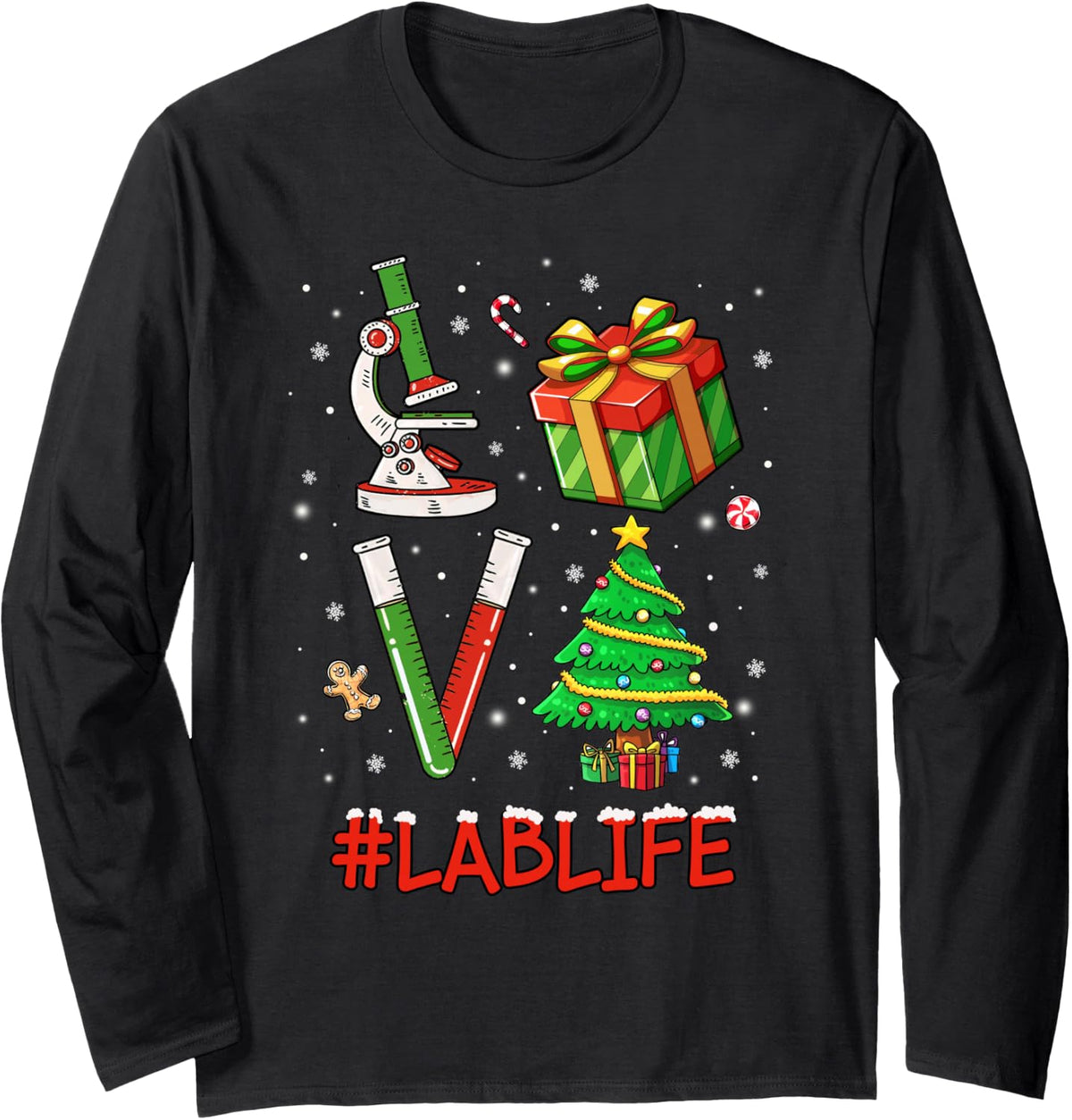 Love Lab Life Laboratory Scientist Christmas Tree Lab Tech Long Sleeve T-Shirt - Adult Unisex Black