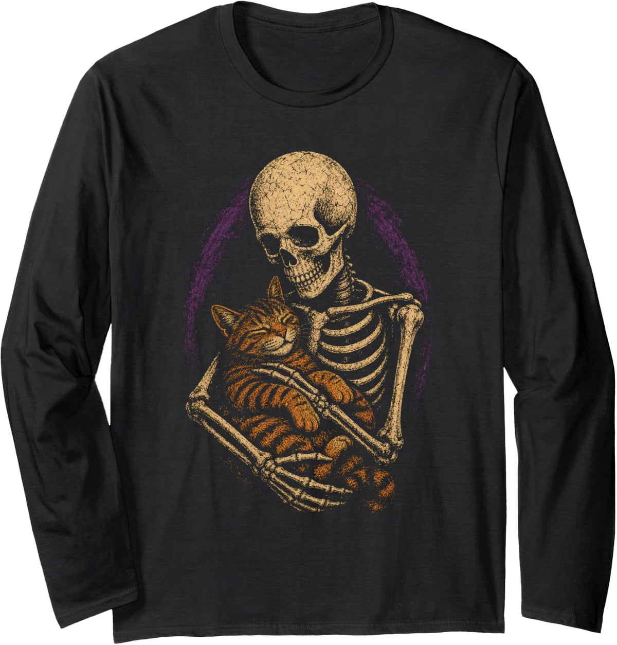 Halloween Skeleton Cat Lover Tabby Bat Vintage Badge Art Long Sleeve T-Shirt - Adult Unisex Black