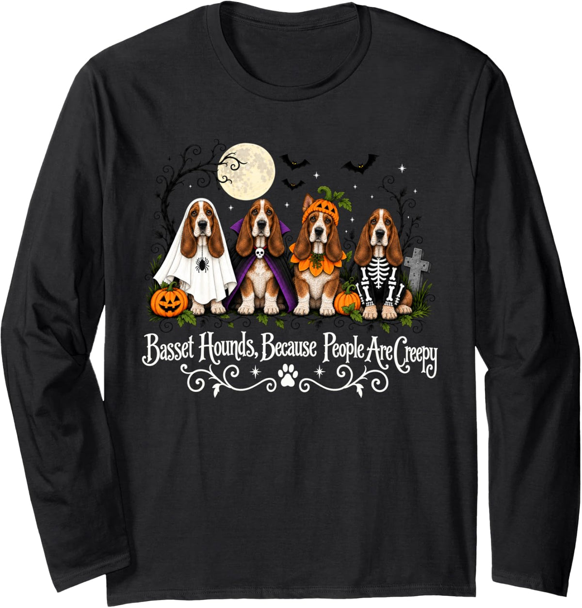 Basset Hounds Because People are Creepy Halloween Ghost Dog Long Sleeve T-Shirt - Adult Unisex Black