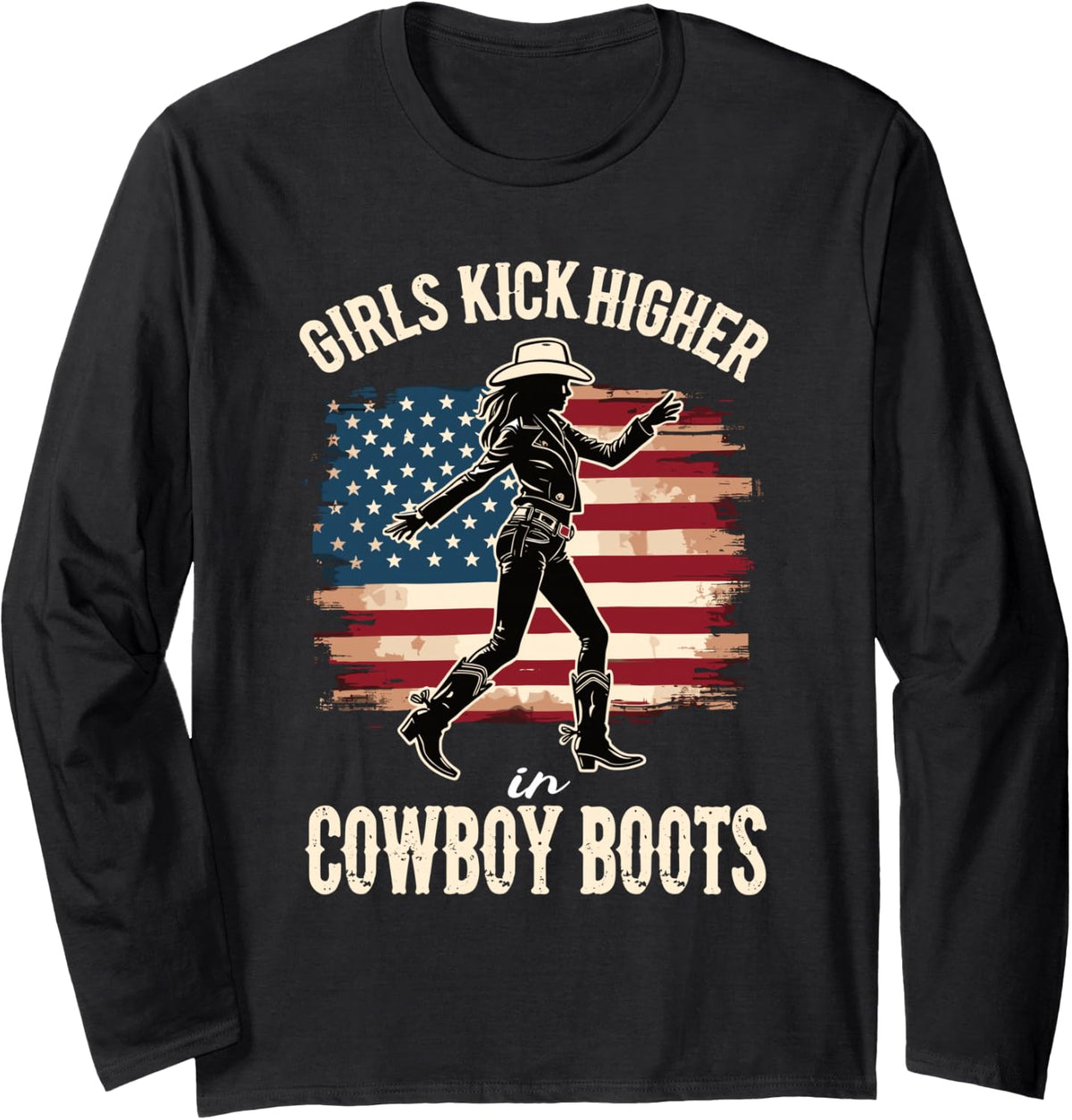 Girls Kick Higher in Cowboy Boots Line Dance Long Sleeve T-Shirt - Adult Unisex Black
