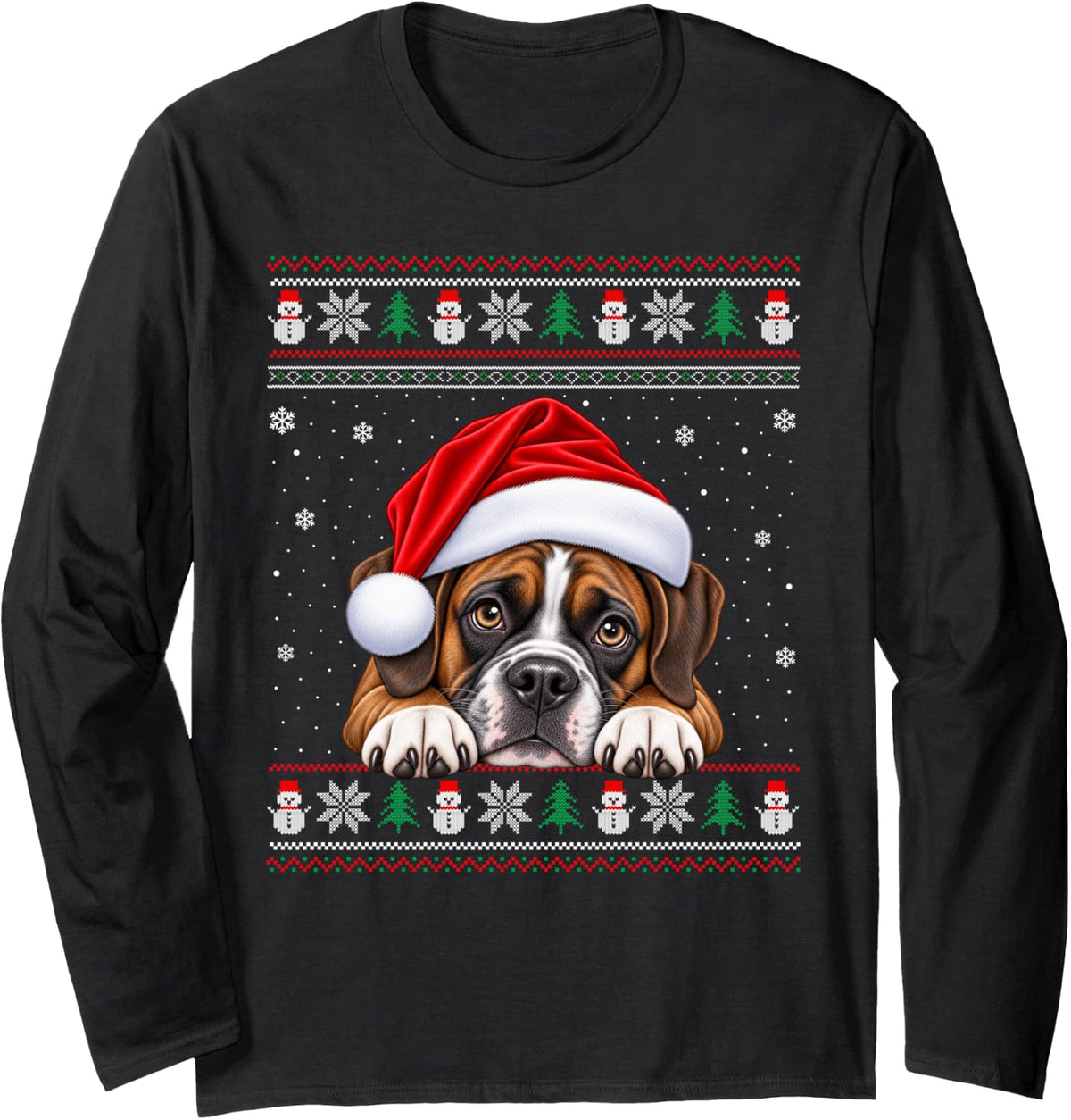 Boxer Dog Ugly Christmas Sweater Santa Hat Dog Xmas Long Sleeve T-Shirt - Adult Unisex Black