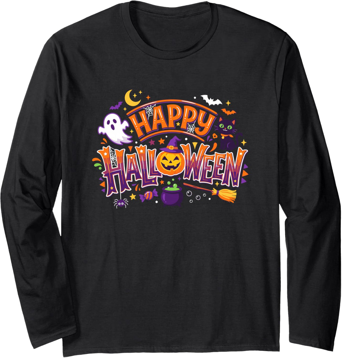 Happy Halloween Cute Ghost Spooky Season Long Sleeve T-Shirt - Adult Unisex Black