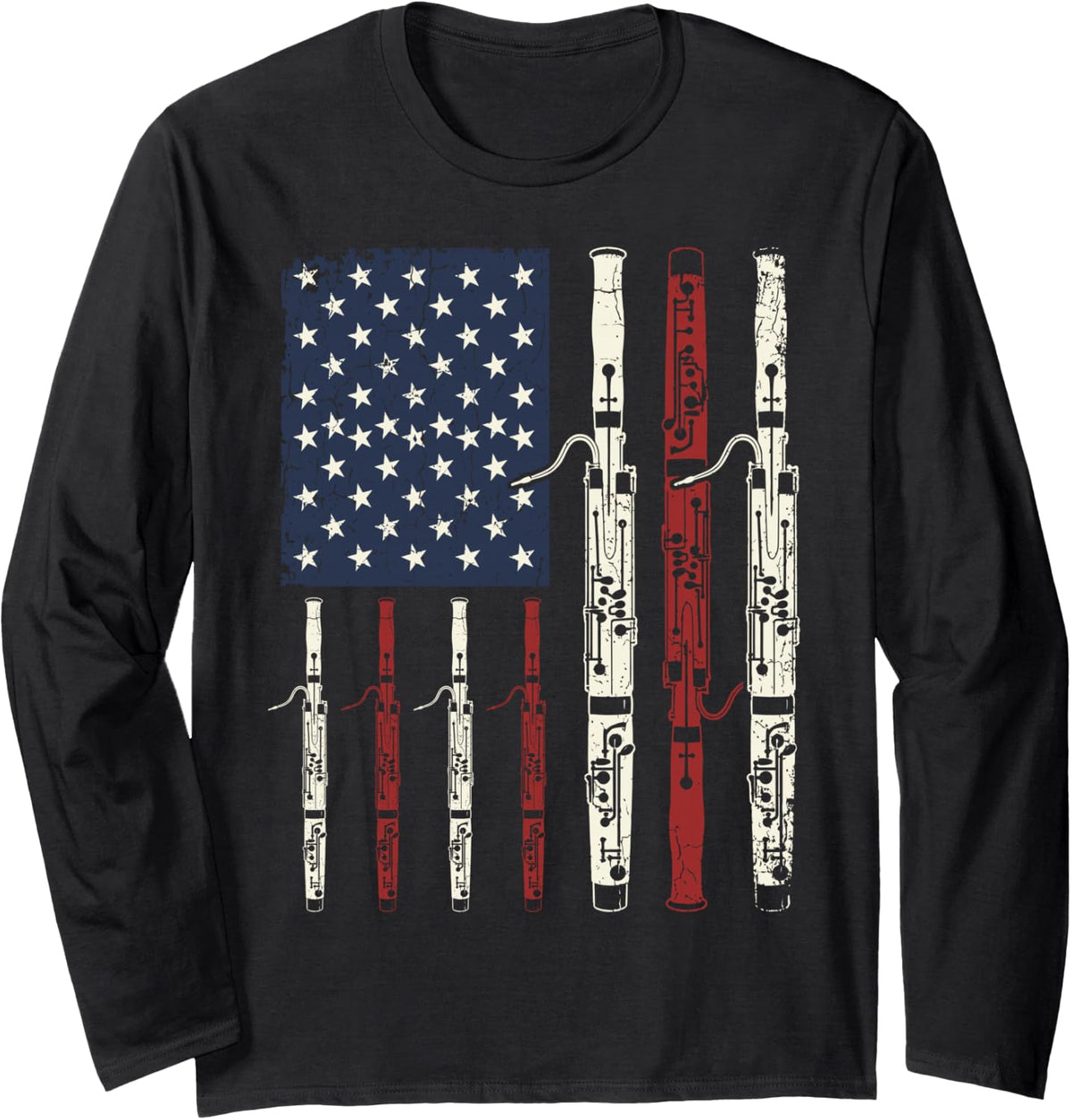 American Flag Bassoon Patriotic Bassoonist Musician Long Sleeve T-Shirt - Adult Unisex Black