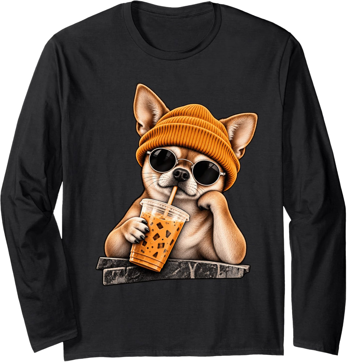 Funny Chihuahua Hipster Drinking Iced Coffee Sunglasses Long Sleeve T-Shirt - Adult Unisex Black