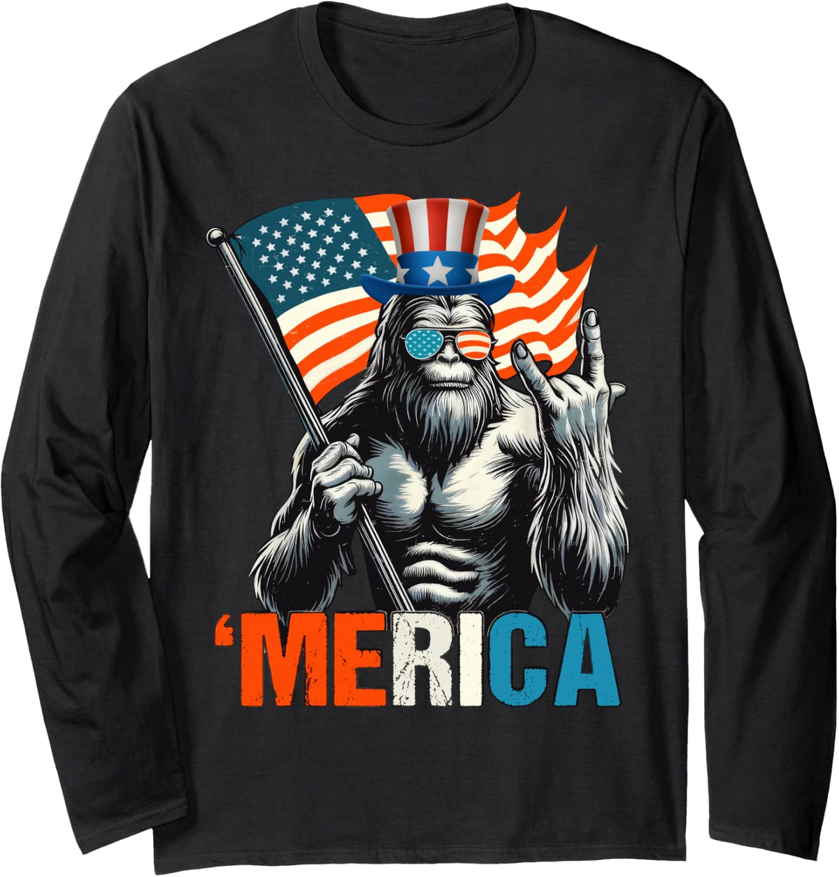 Bigfoot Merica Rock USA Flag Patriotic Sasquatch 4th of July Long Sleeve T-Shirt - Adult Unisex Black