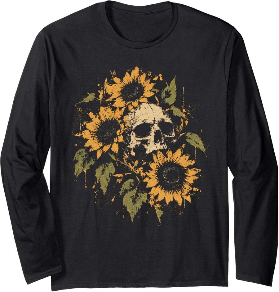 Skull Sunflowers Goth Gothic Flowers Grunge Alt Y2K Floral Long Sleeve T-Shirt - Adult Unisex Black