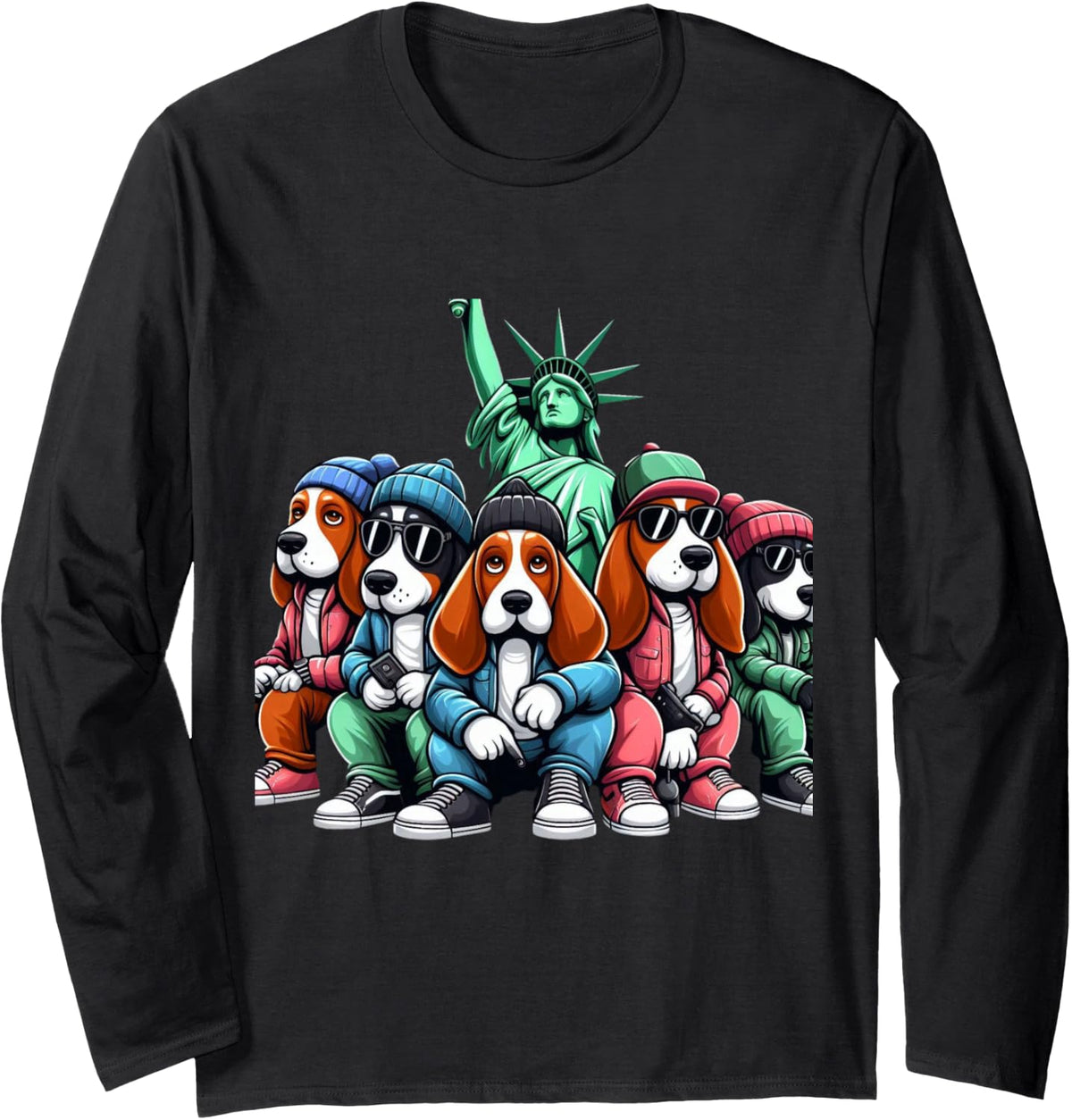 Basset Hound Patriotic Statue of Liberty Men Women Kids Boys Long Sleeve T-Shirt - Adult Unisex Black