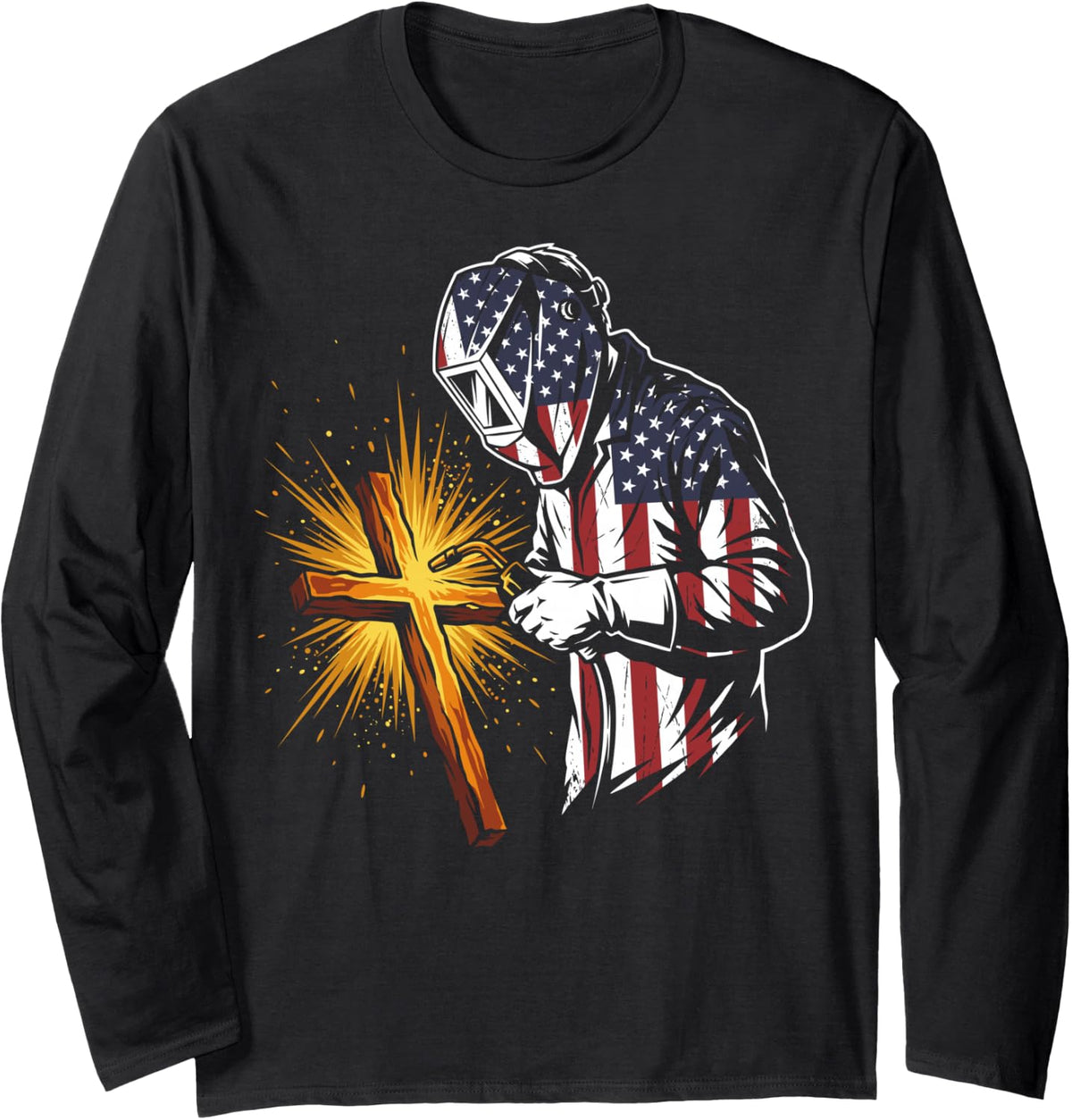 US American Flag Cross Christian Welder Welding Metal Weld Long Sleeve T-Shirt - Adult Unisex Black