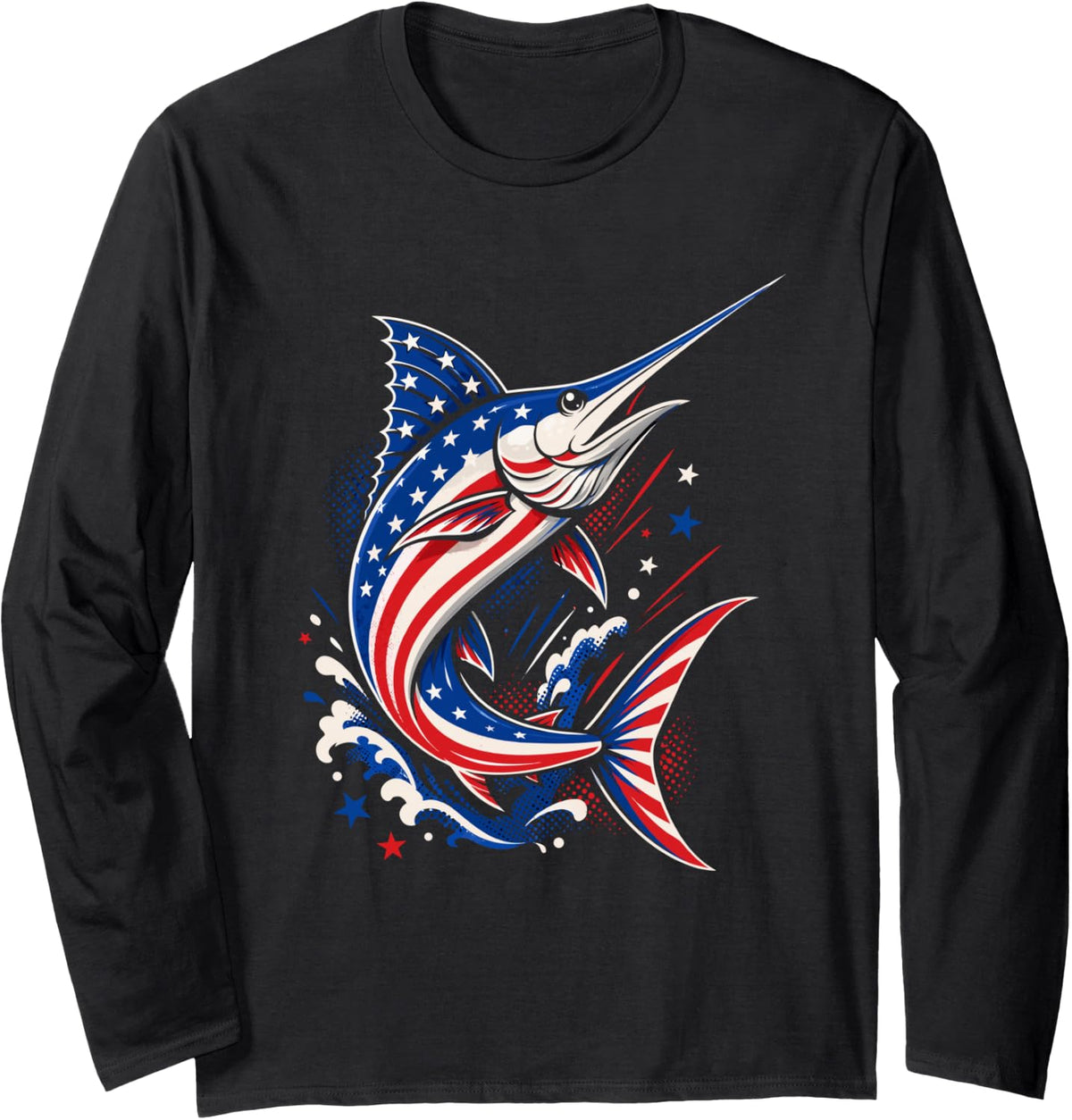 American Flag Marlin Patriotic 4th of July Fishing Long Sleeve T-Shirt - Adult Unisex Black