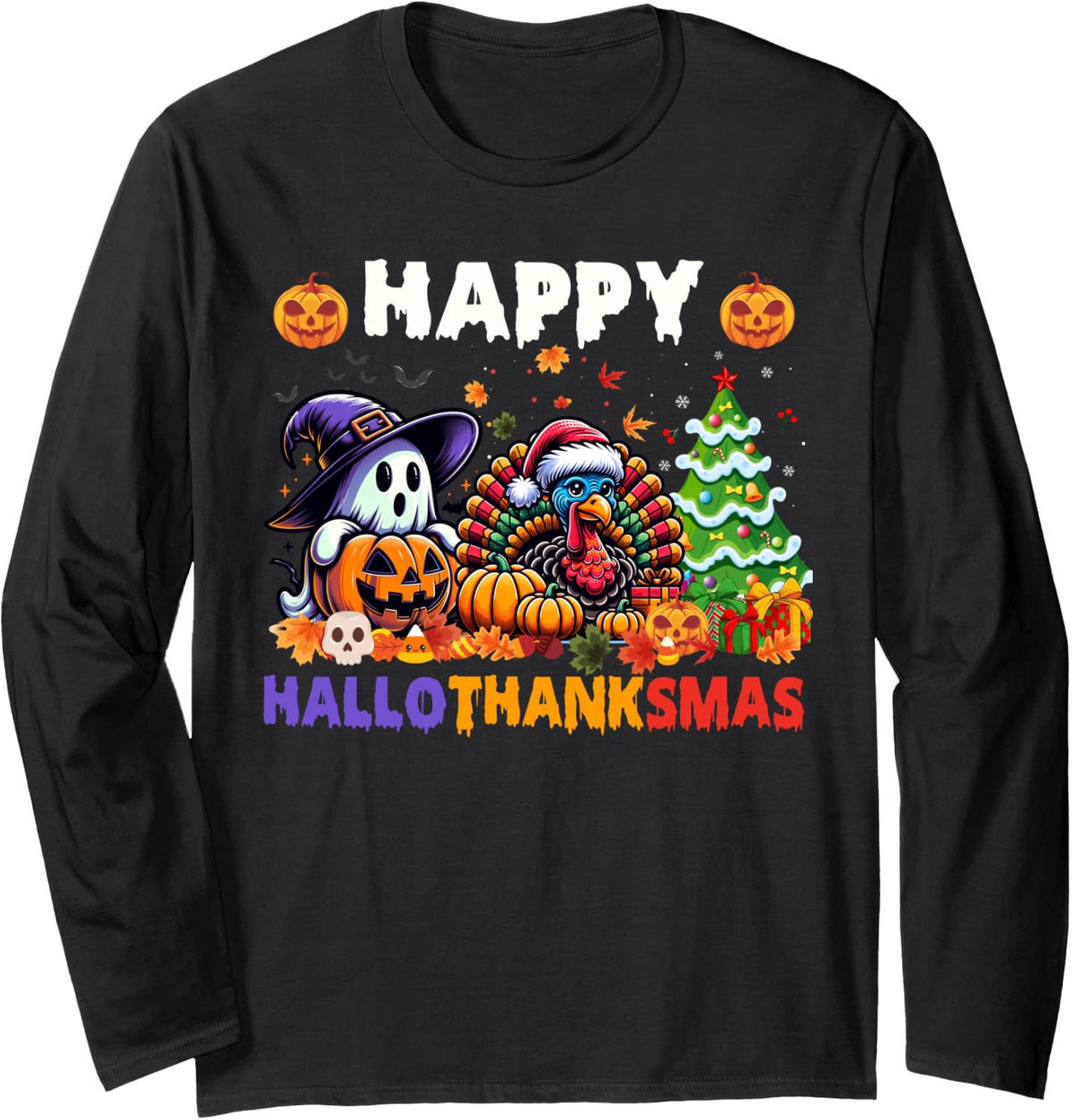 Halloween Thanksgiving Christmas Happy Hallothanksmas Long Sleeve T-Shirt - Adult Unisex Black