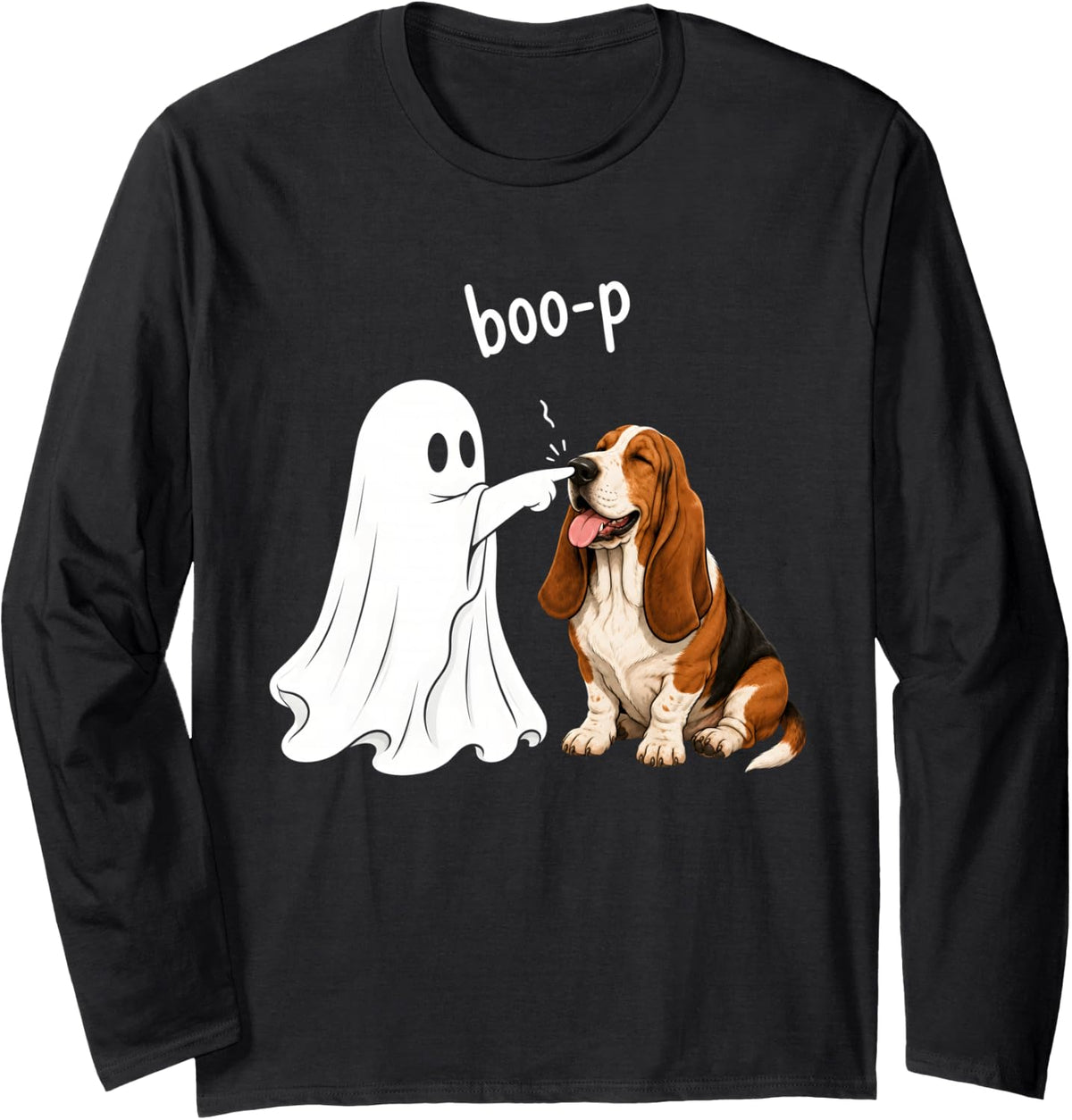 Funny Basset Hound Boo-P Ghost Boop Halloween Dog Lover Long Sleeve T-Shirt - Adult Unisex Black