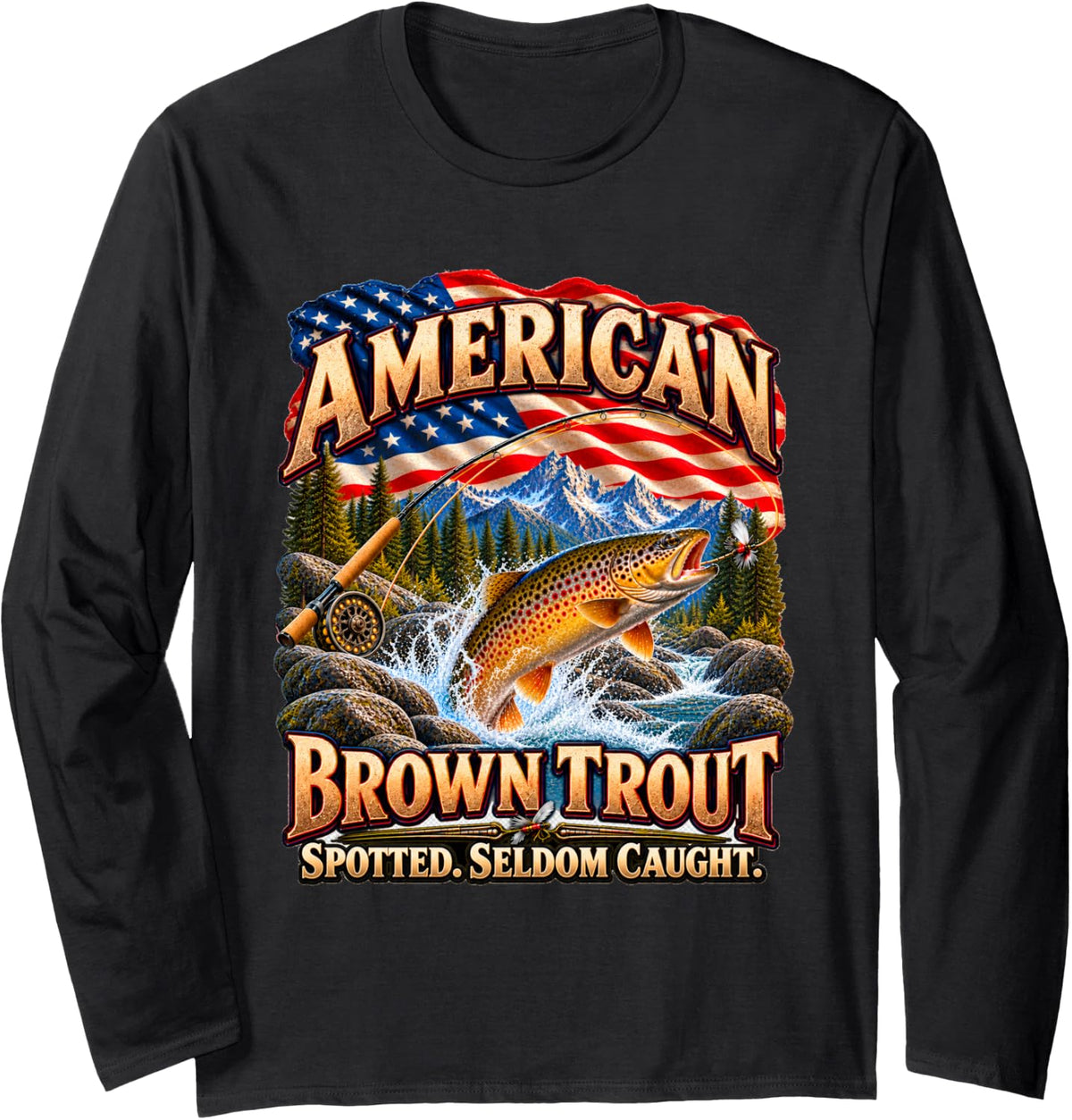 American Brown Trout Fly Fishing Fisherman Men Women Teens Long Sleeve T-Shirt - Adult Unisex Black