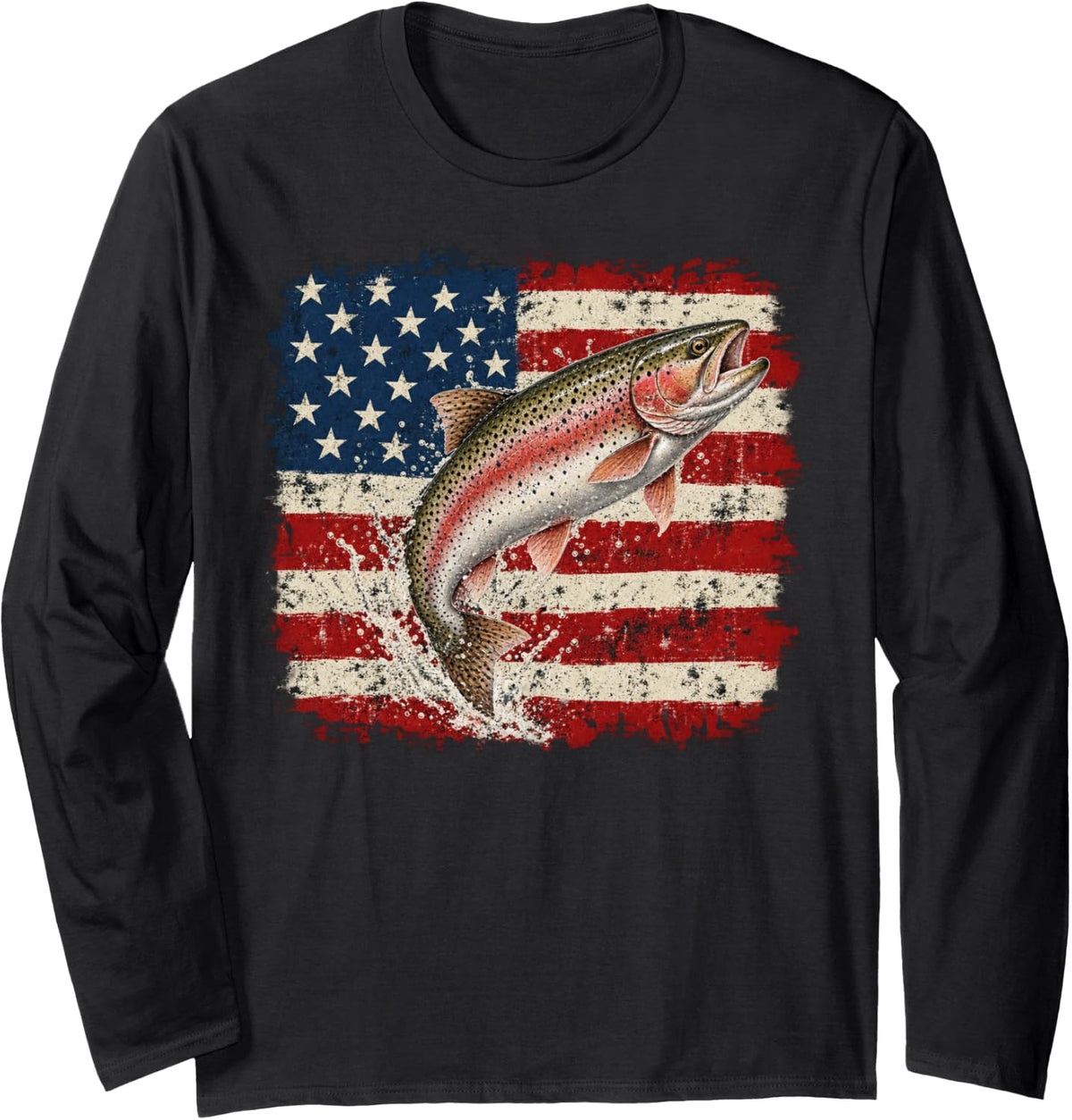 Leaping Rainbow Trout Over American Flag Long Sleeve T-Shirt - Adult Unisex Black