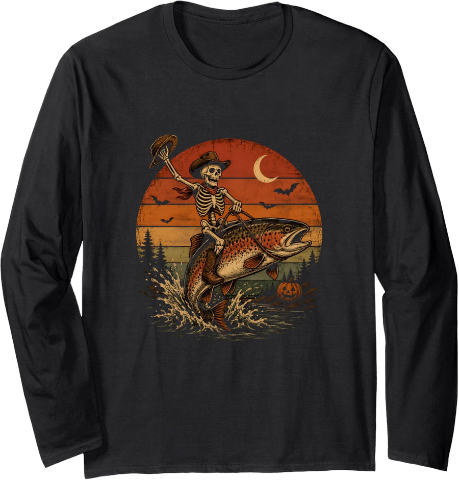 Halloween Trout Fish Ghost Skeleton Fishing Pumpkin Family Long Sleeve T-Shirt - Adult Unisex Black