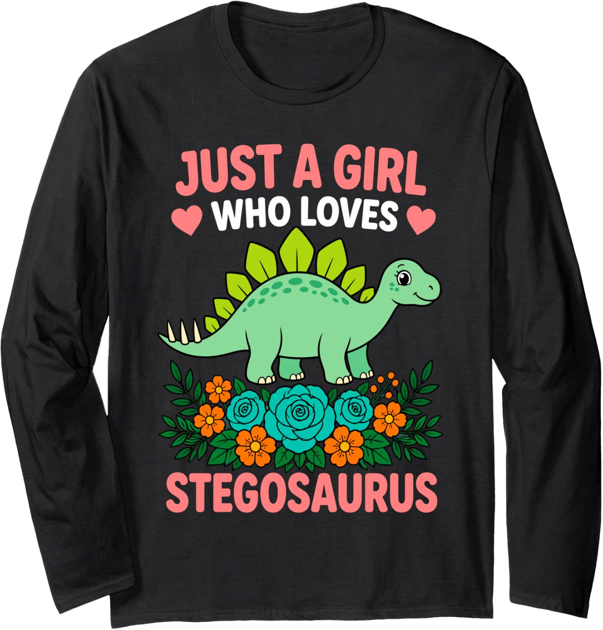 Stegosaurus Art for Girls Kids Women Dinosaur Paleontologist Long Sleeve T-Shirt - Adult Unisex Black