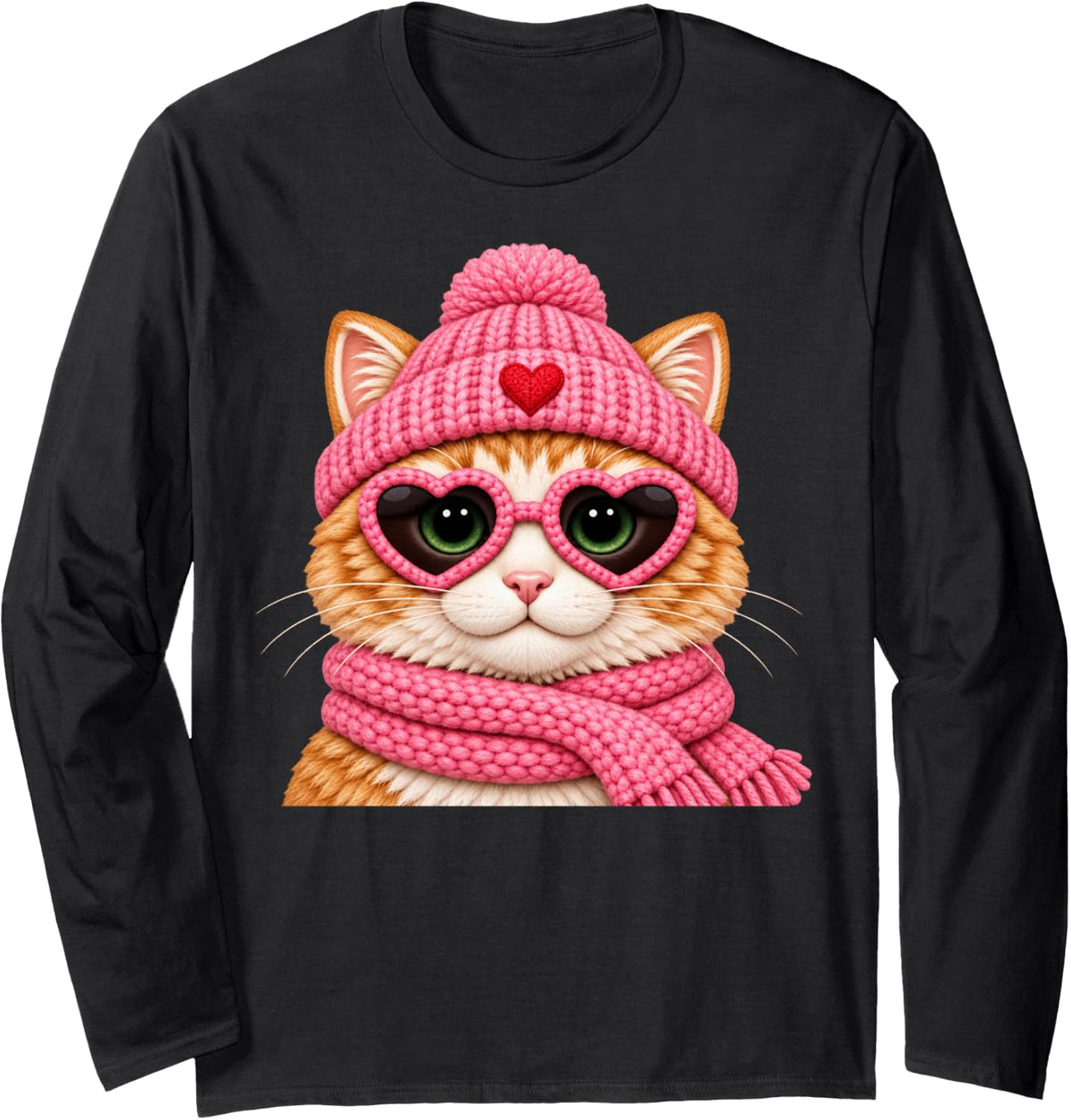 Orange Cat Pink Heart Sunglasses Cozy Winter Hat Scarf Long Sleeve T-Shirt - Adult Unisex Black