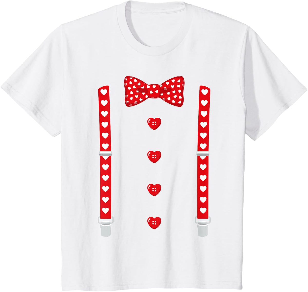 Red Hearts Bow Tie Suspenders Tuxedo Valentines Day Costume T-Shirt - White