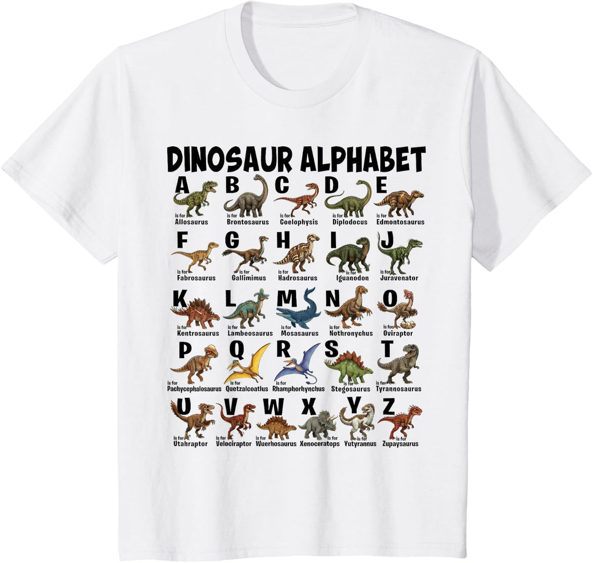 Types of Dinosaurs Alphabet A-Z Dino Tees T Shirts for Girls Boys Kids - White